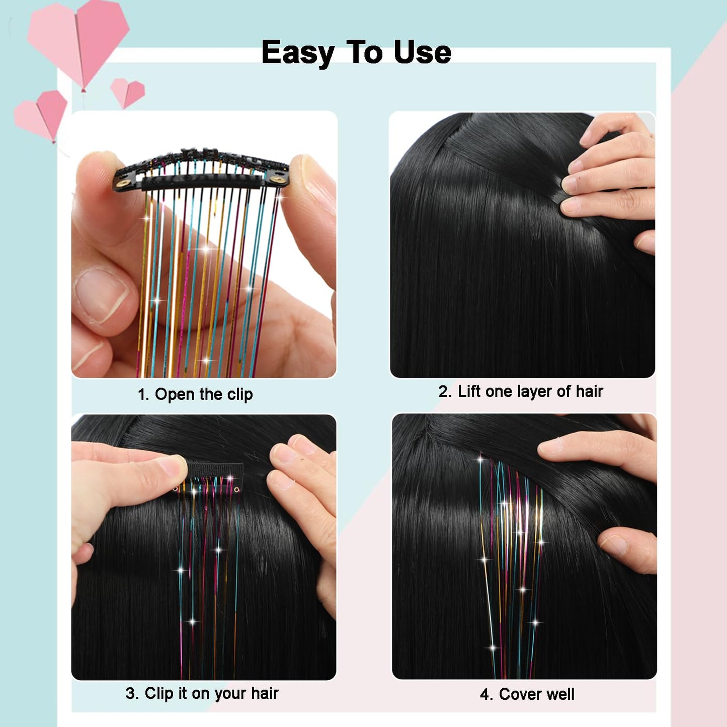 AIFIHIYI Hair Tinsel Clip in 18 Pcs Colorful Clip In Tinsel Hair Extensions, Fairy Hair Tinsel Clips in Glitter Hair Tinsel Kit Accessories for Girls Women Festival Party Daily Use (Colorful-18Pcs)