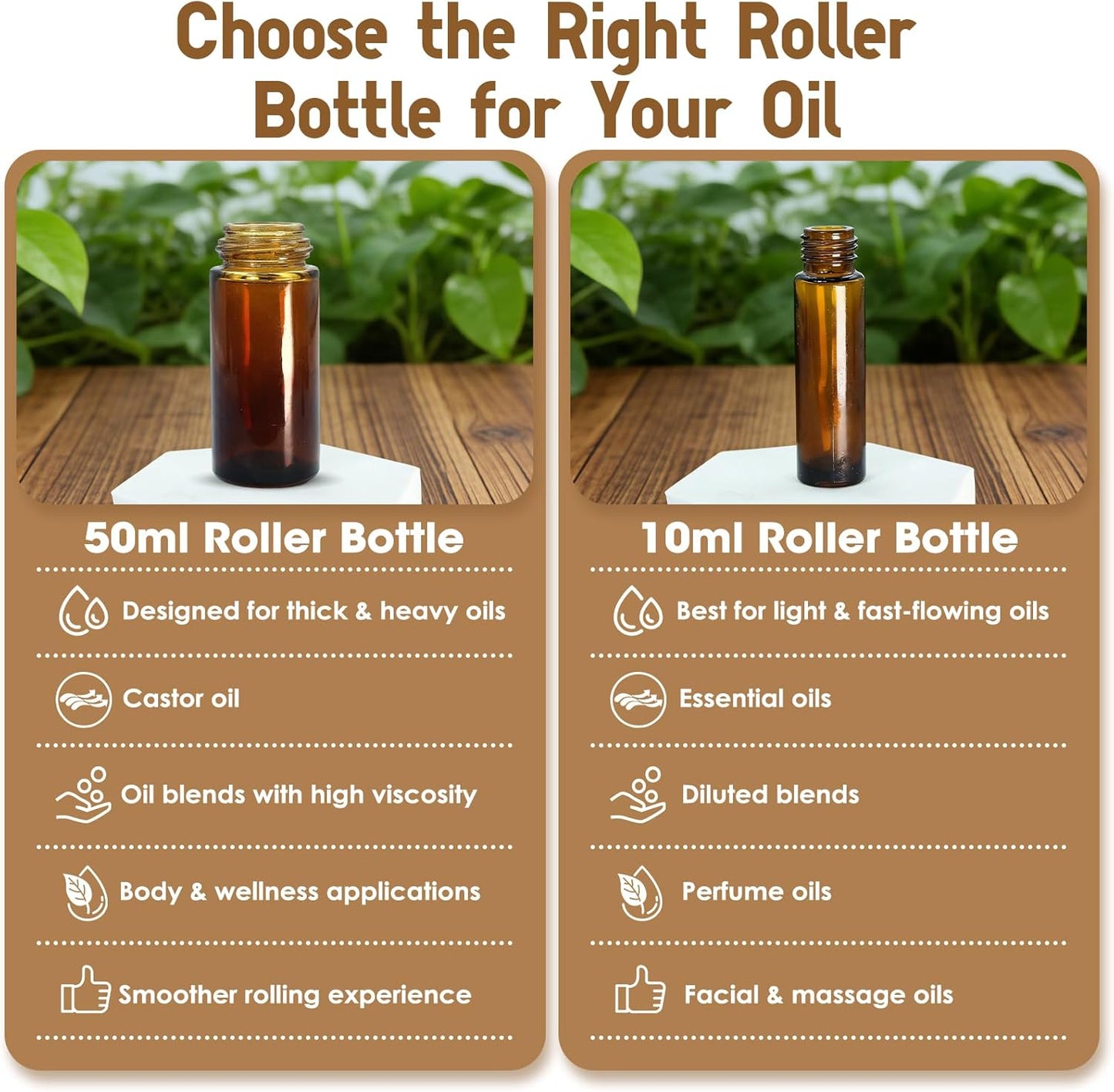 Rose Quartz Roller Bottles - 50ml Refillable Amber Glass Roll-On for Essential Oils | Leak-Proof Travel Perfume Bottle with Gold Caps