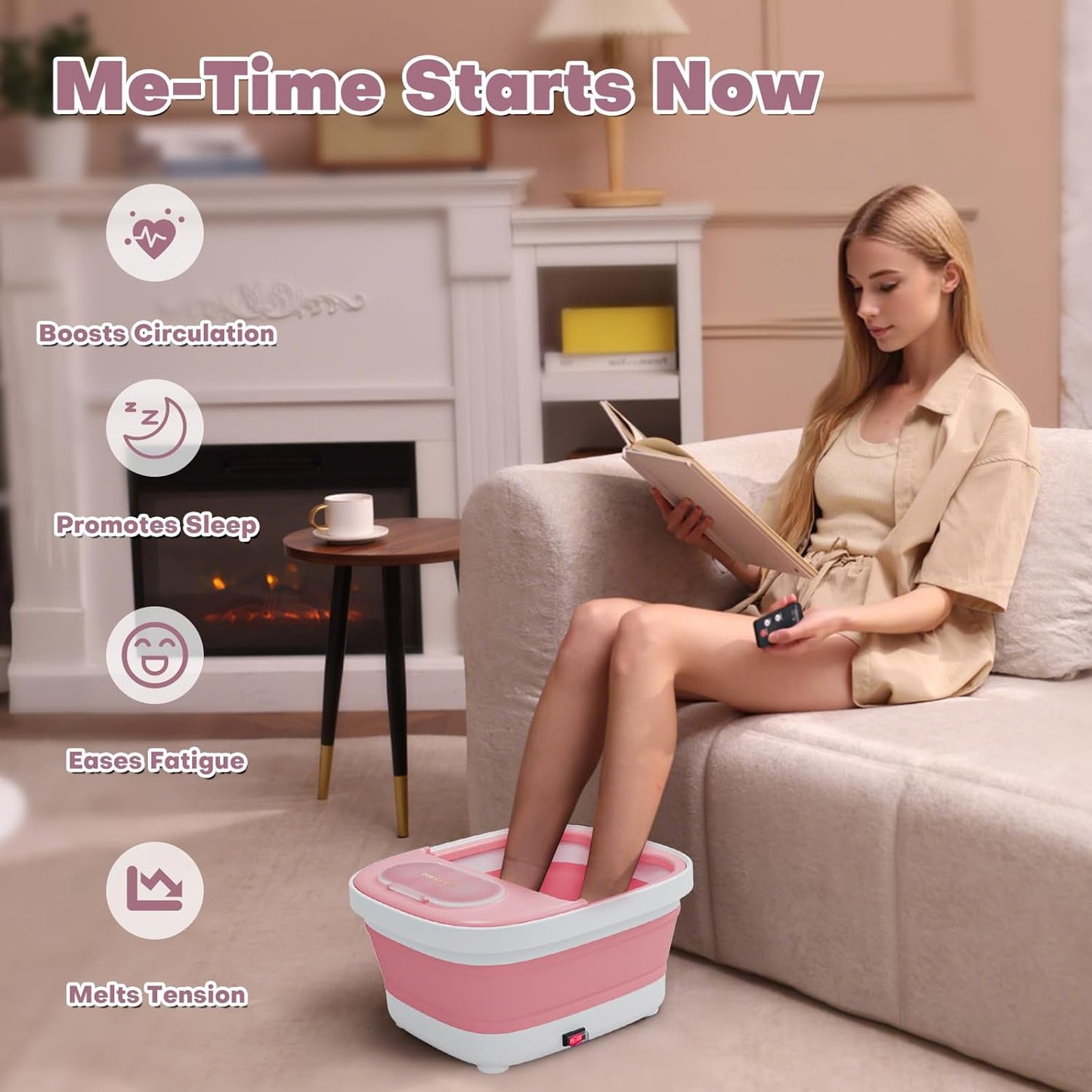 Collapsible Foot Spa Bath Massager - Heated Soaking Tub with Remote & Timer | Includes Pedicure Kit & 3 Attachments (Pink)