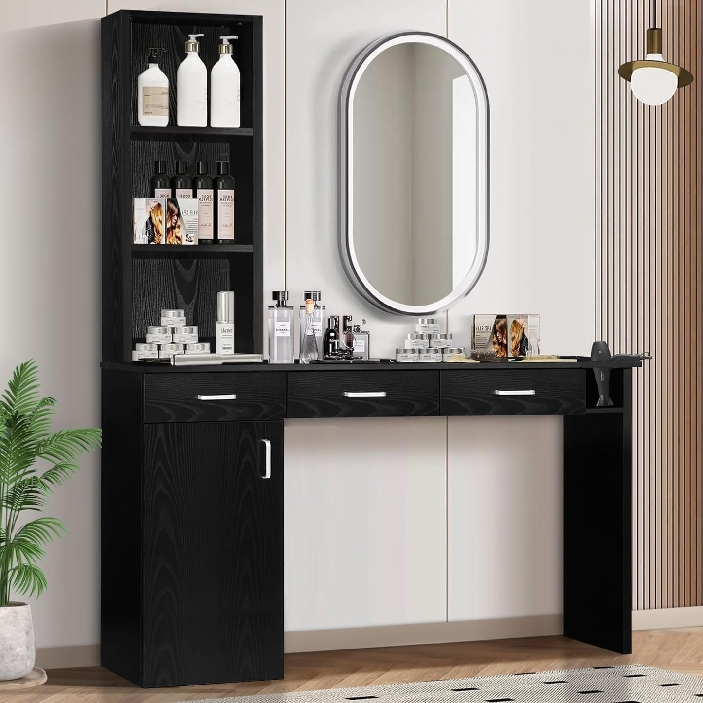 Salon Stations for Hair Stylists - Black Barber Station with 3 Hair Dryer Holders, 3 Drawers & Cabinet | Modern Design
