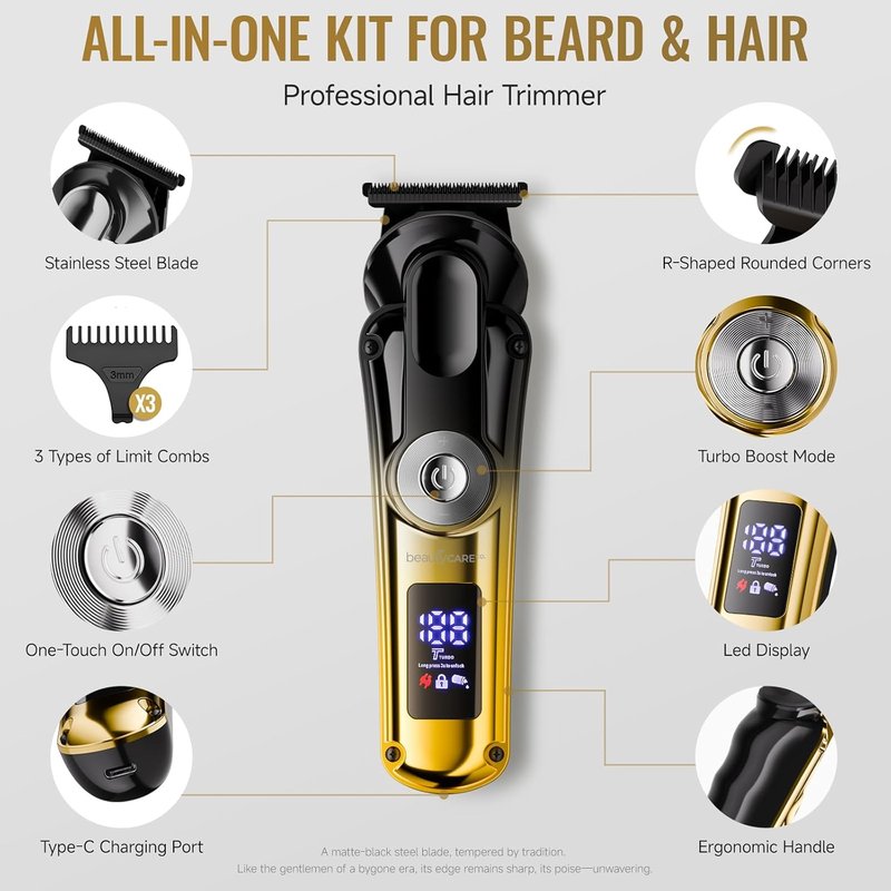 Hair Clippers for Men - Cordless T-Blade Beard Trimmer with LED Display | Rechargeable Self Haircut Kit with 3 Combs