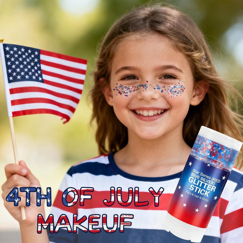 Patriotic Glitter Stick - 4th of July Hair & Face Makeup for Women & Kids | Red, White & Blue USA Flag Accessories