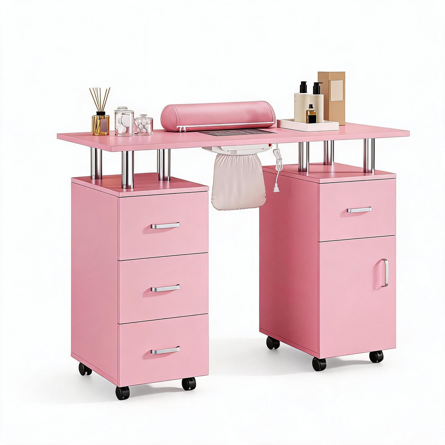 LEISULIF Professional Manicure Station with Dust Collector and Wrist Cushion, Mobile Nail Tech Desk Featuring 4 Drawers, Storage Cabinet and Lockable Wheels for Salon and Home Use - Pink