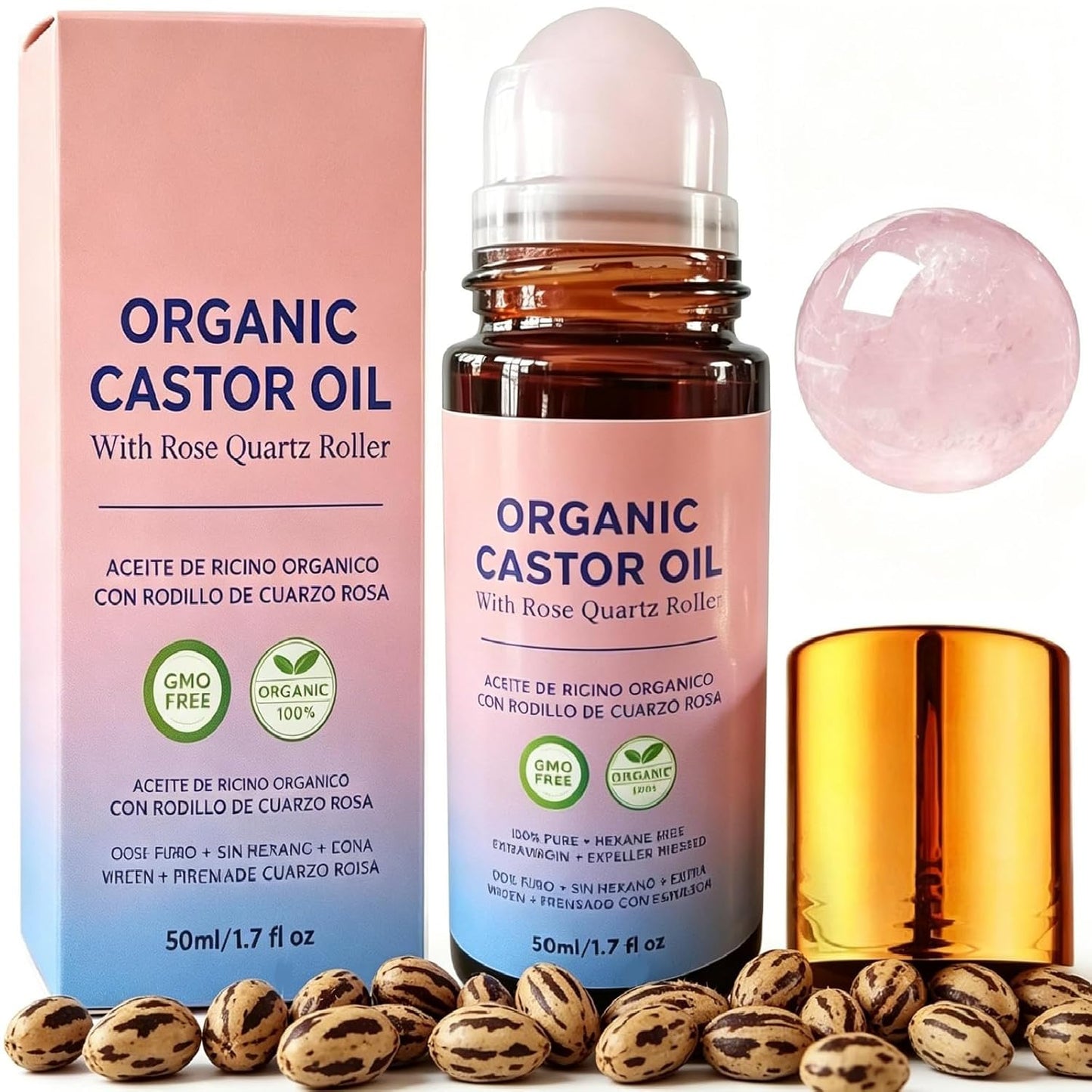 Organic Castor Oil - 100% Pure Cold-Pressed Formula for Skin & Hair Care | Rose Quartz Roller, 1.7 Fl Oz