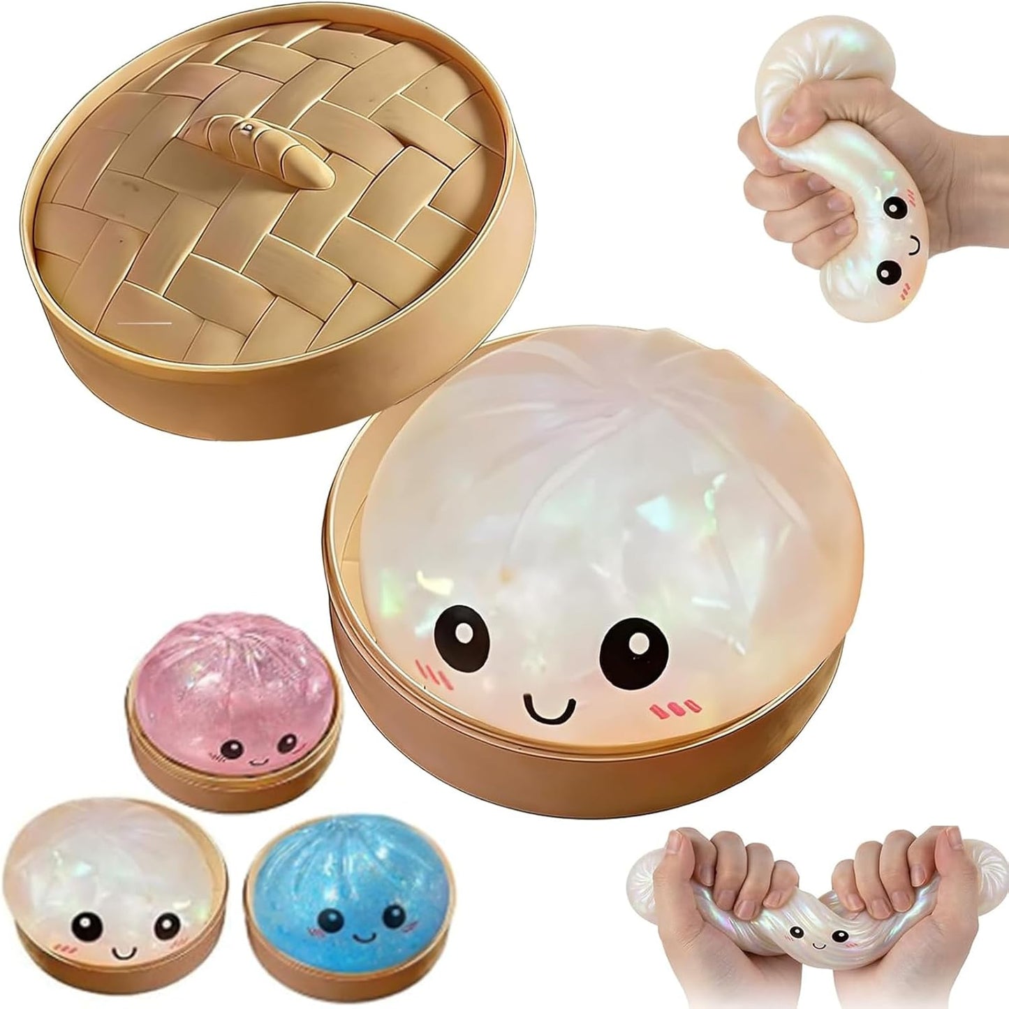 Glitter Dumpling Squishy - Soft Stress Relief Fidget Toy | Stretchy Dough Ball with Mini Food Steamer (Glitter White)