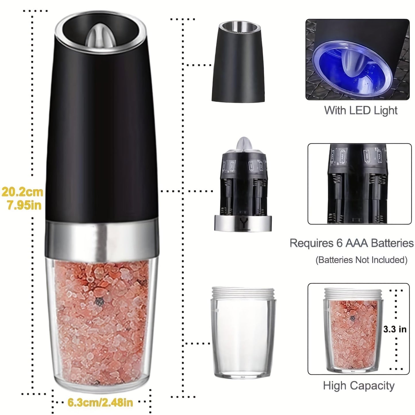 1pc Electric Salt and Pepper Grinder Set, Battery Powered LED Light One Hand Automatic Operation, Adjustable Coarseness Mill Grinders Shakers Black, Kitchen Gadgets Gift Ideas