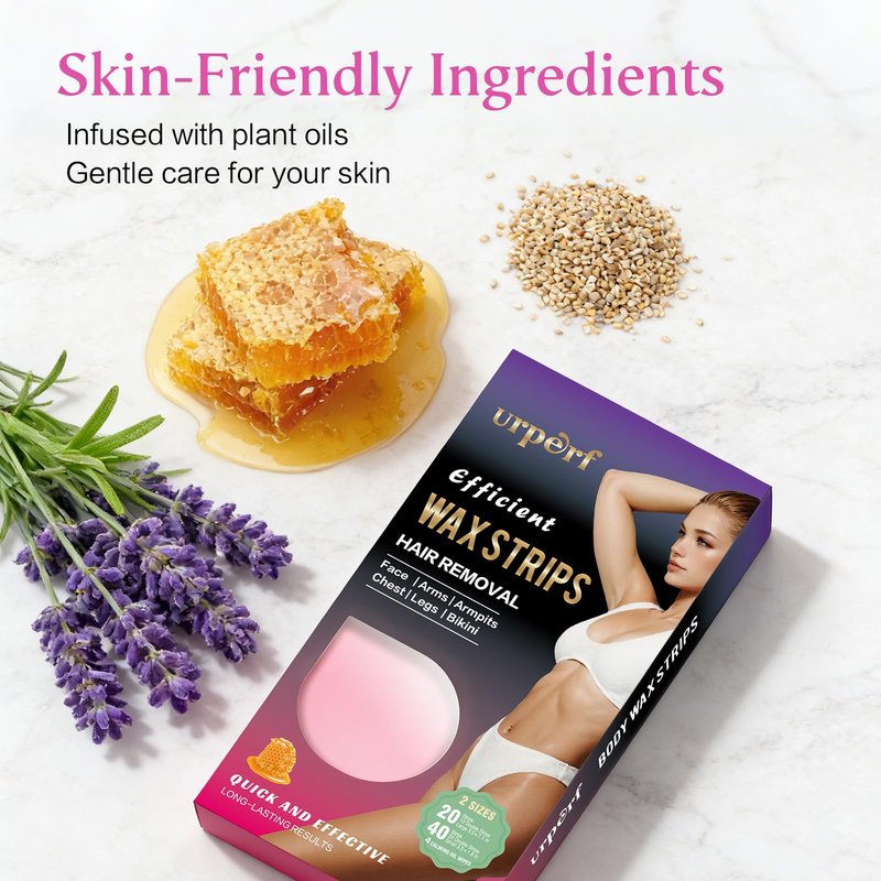 Urperf Wax Strips for Hair Removal, Ready-to-Use, No Heat Needed, for Face & Body, 2 Sizes, 20 Large Strips, 40 Small Strips, 4 Finish Wipes