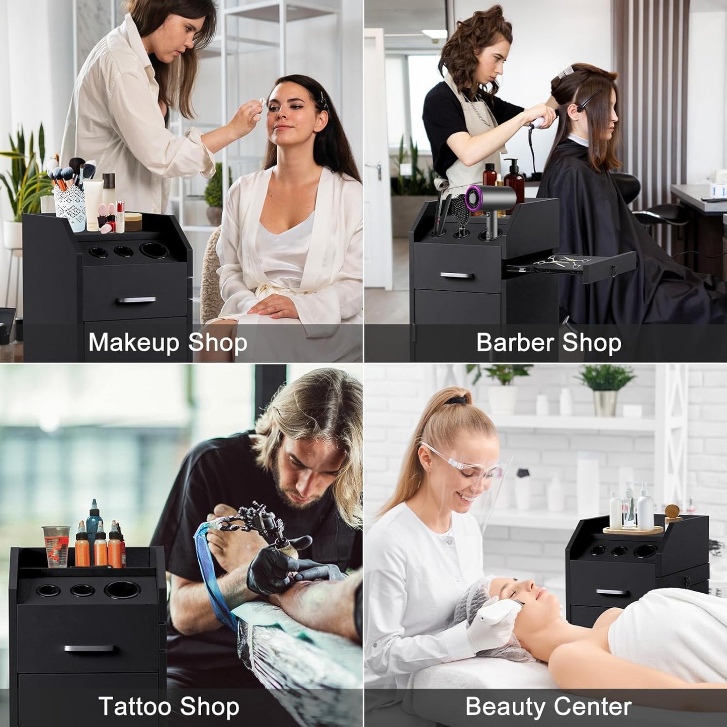 Hair Salon Storage Cart - Mobile Makeup Case with Wheels, 3 Hair Dryer Holders & 4 Drawers | Black Utility Trolley