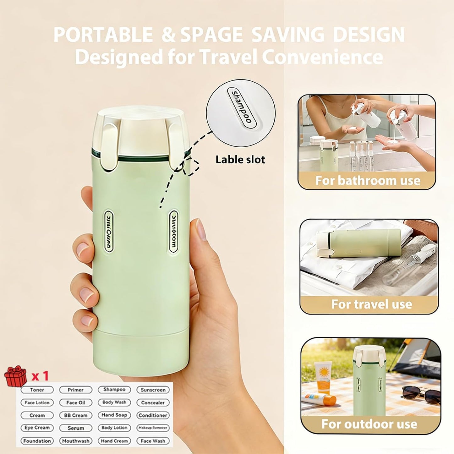 Travel Dispenser Bottle - 4-in-1 Leakproof Toiletry Set | TSA Approved 30ml Pump Bottles & Labels