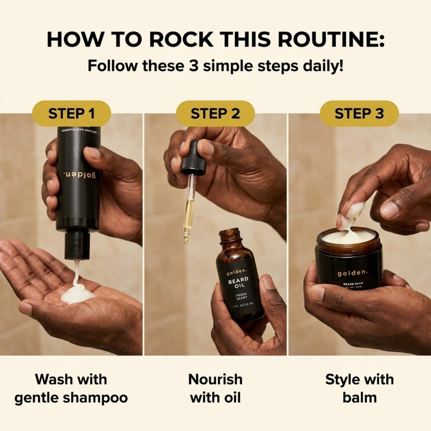 Golden Grooming Beard Bundle (Regular Starter Kit) 4oz Shampoo, 2oz Balm, 1oz Oil - Fresh
