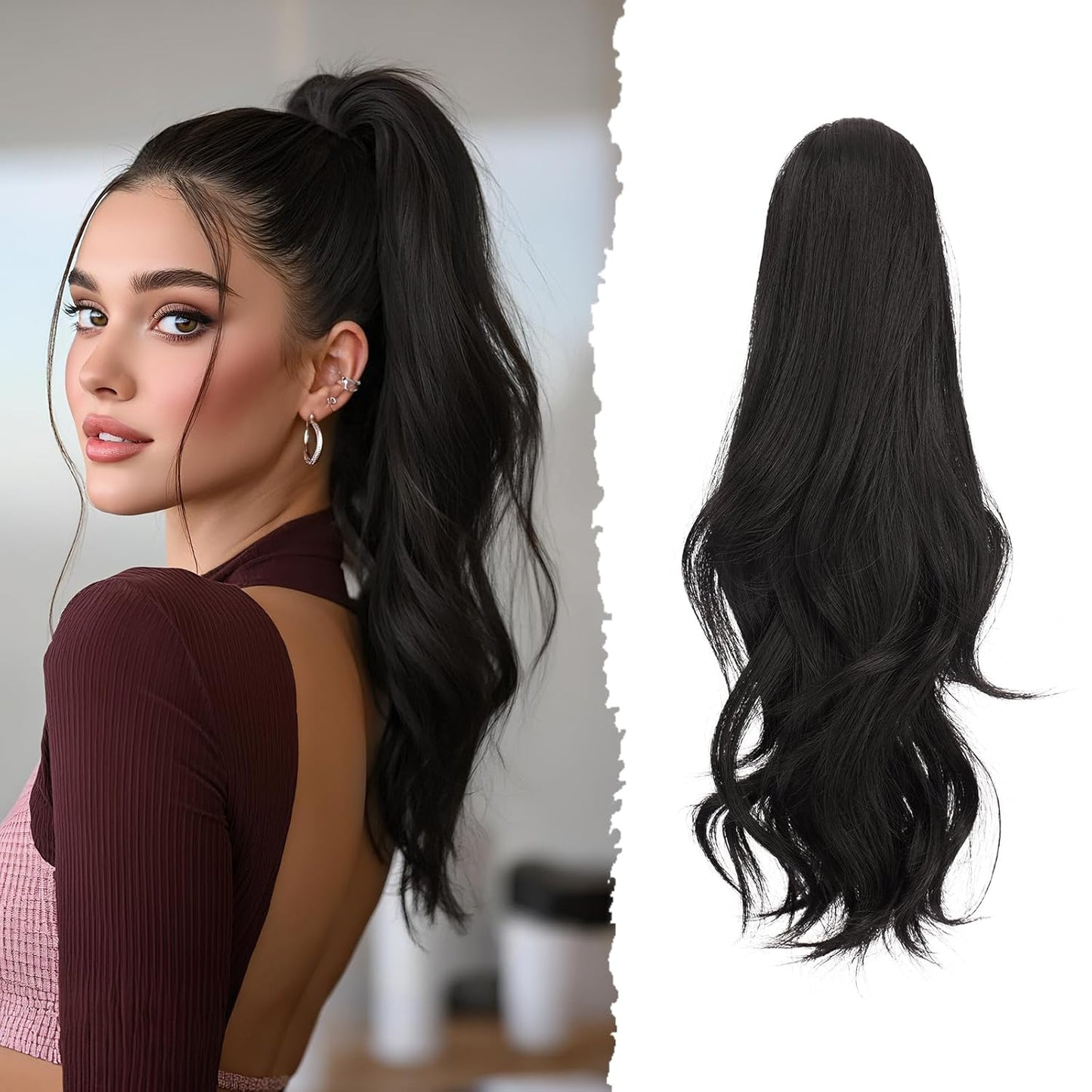 Sofeiyan Claw Clip Ponytail Extension - 16" Curly Wavy Synthetic Hairpiece | Medium Brown & Light Auburn