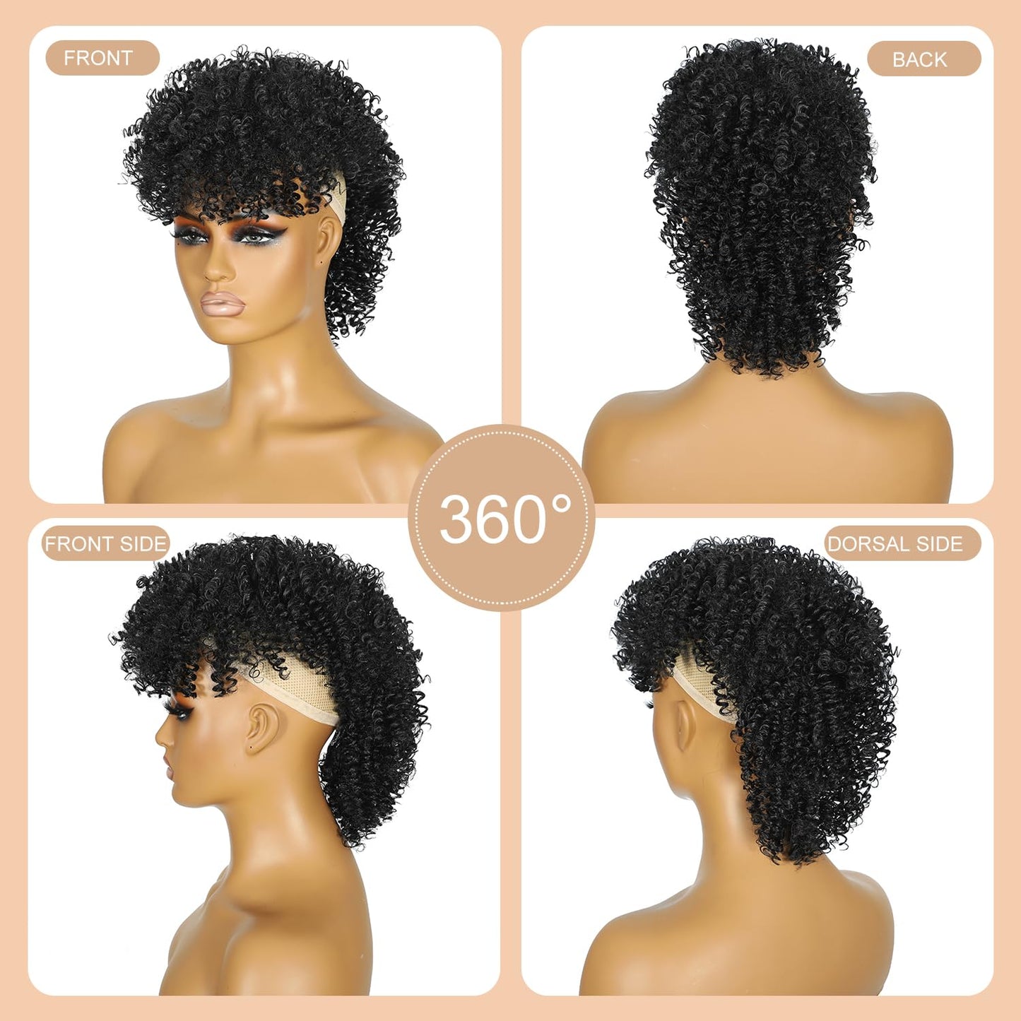 Kinky Curly Mohawk Wig - Short Synthetic Clip-On Ponytail Extension with Bangs | Fluffy Natural Hair for Daily & Party Use - Color 1B