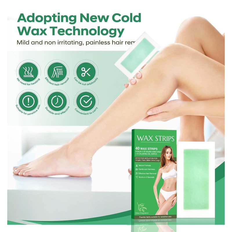40pcs wax strips - Body Waxing Strips, Wax Kit for Women & Men - Brazilian Wax Kit, Back Waxing Kit, All Skin Types, Arms, Legs, Armpits, Bikini, 98% Natural, Hypoallergenic Odourless, Green