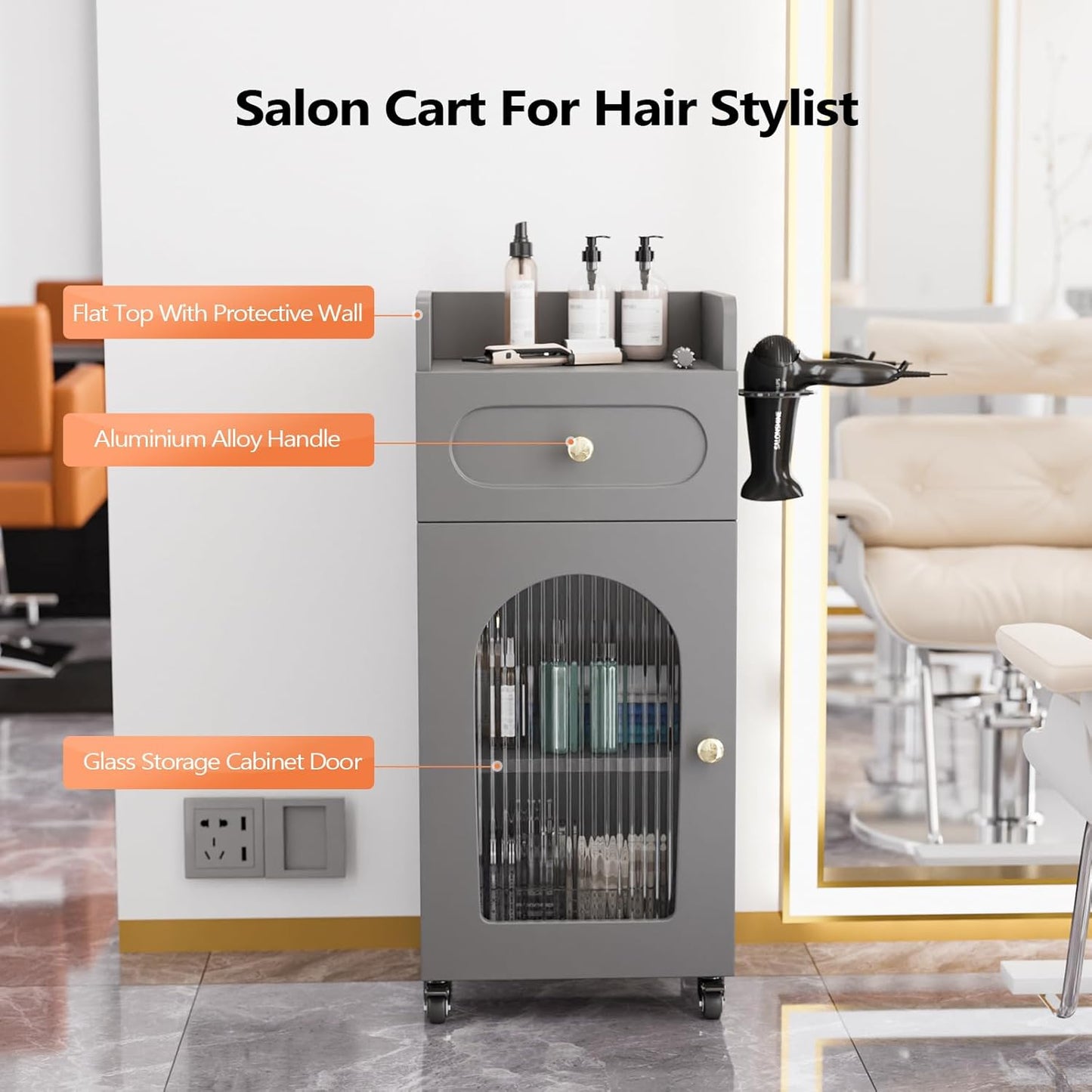 Salon Cart - 3-Tier Rolling Beauty Trolley with Wheels | Adjustable Shelf, Glass Door & Hair Dryer Holder (Gray)