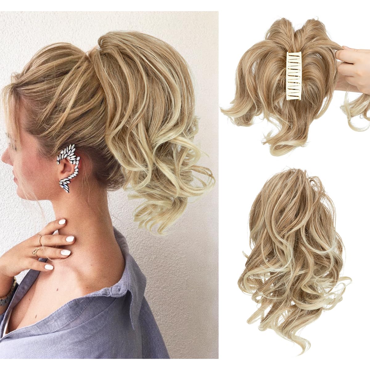 CJL Hair Claw Clip Short Ponytail Extensions - Bendable Metal Messy Bun Piece | Wavy Curly Synthetic Hair, Ash Grey