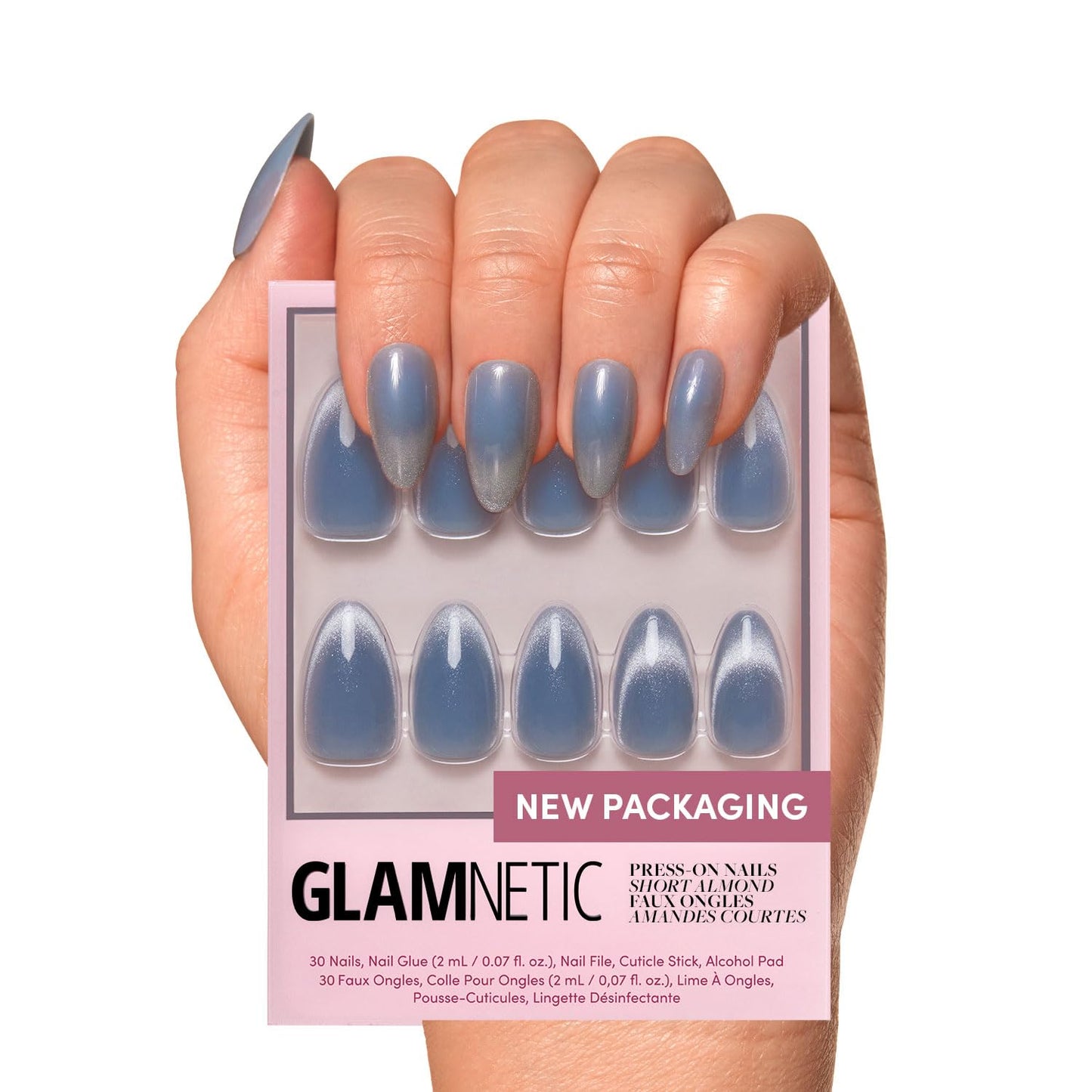 Glamnetic Press On Nails - Baby Blues | Short Almond, Pastel Blue Fake Nails with a Mesmerizing Metallic Finish | 15 Sizes - 30 Nail Kit with Glue