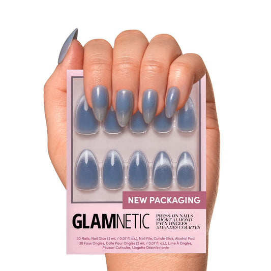 Glamnetic Press On Nails - Baby Blues | Short Almond, Pastel Blue Fake Nails with a Mesmerizing Metallic Finish | 15 Sizes - 30 Nail Kit with Glue