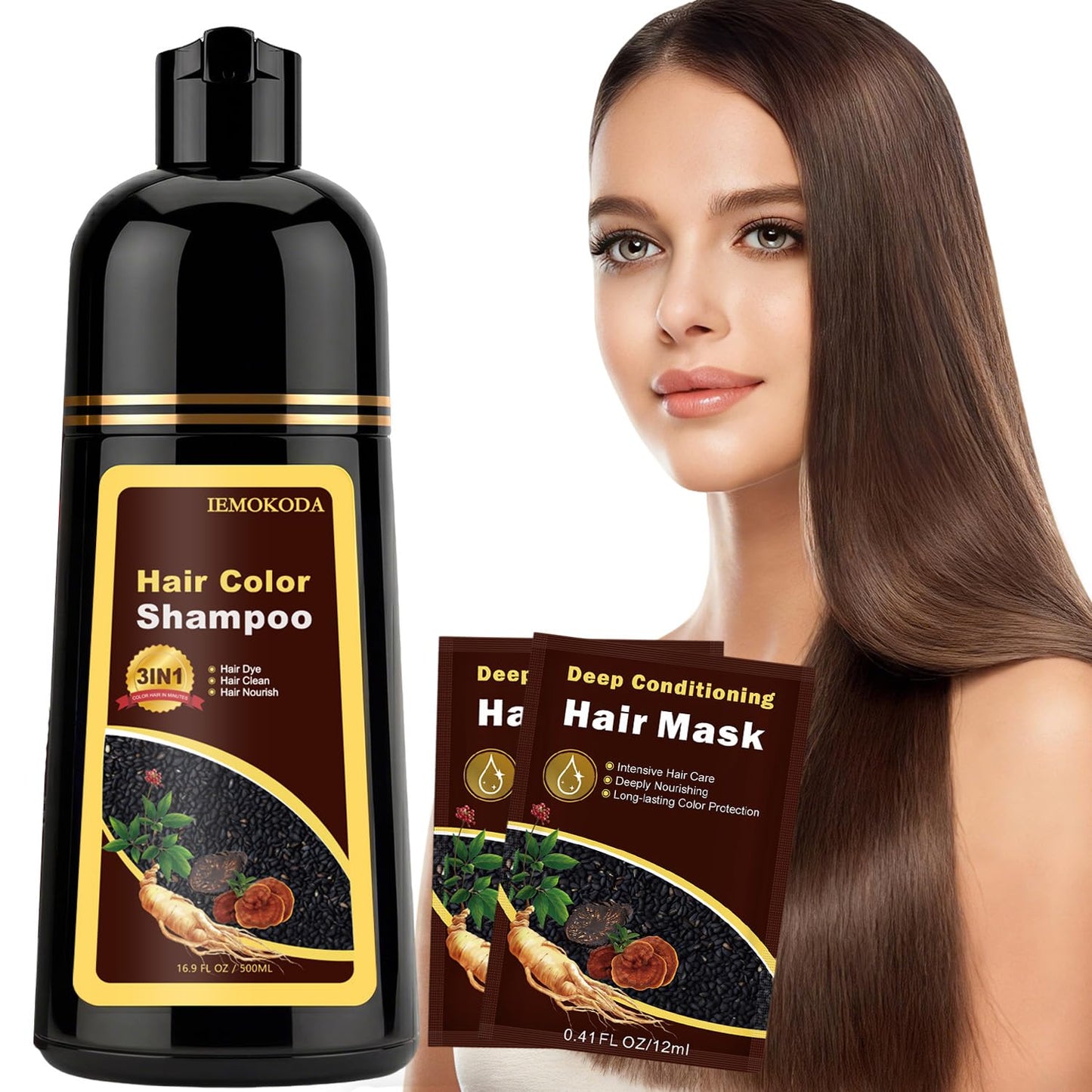 Instant Black Hair Dye Shampoo - 100% Gray Coverage | Herbal Formula, 3-in-1 Care, 500ML