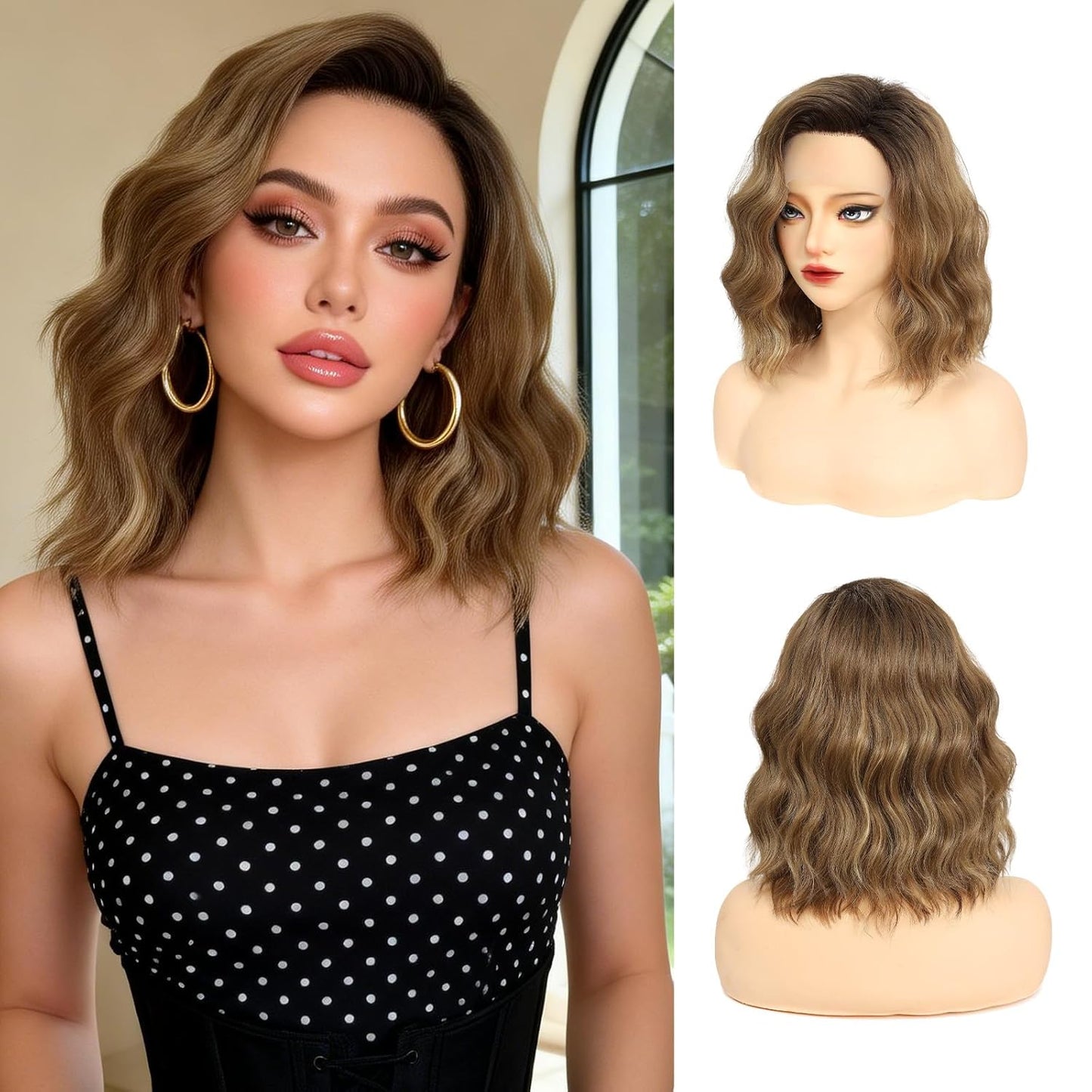 Wavy Bob Wig for Women - Short Brown Highlight Synthetic Hair | 14 Inch Lace Front for Daily Wear & Cosplay