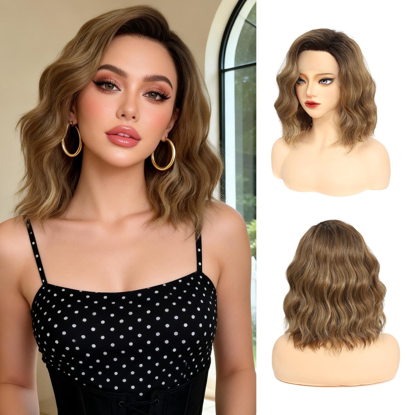AliRobam Short Brown Highlight Wavy Bob Wig for Women Free Part 9x1 Lace Front Shoulder Length Curly Synthetic Wig Natural Hairline 14 Inch for Daily Party Cosplay