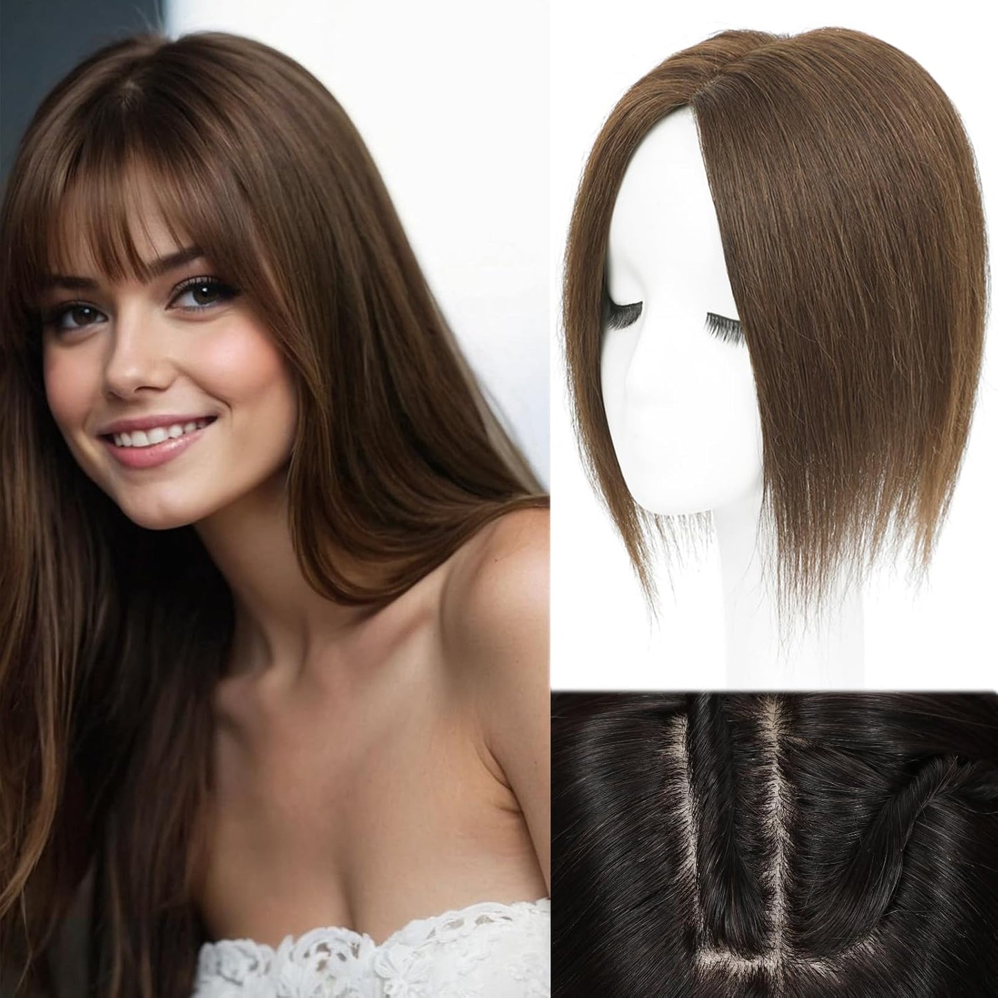 Hair Toppers for Women - Real Human Hair 14 Inch Clip-In Scalp Topper with Curtain Bangs | Medium Brown