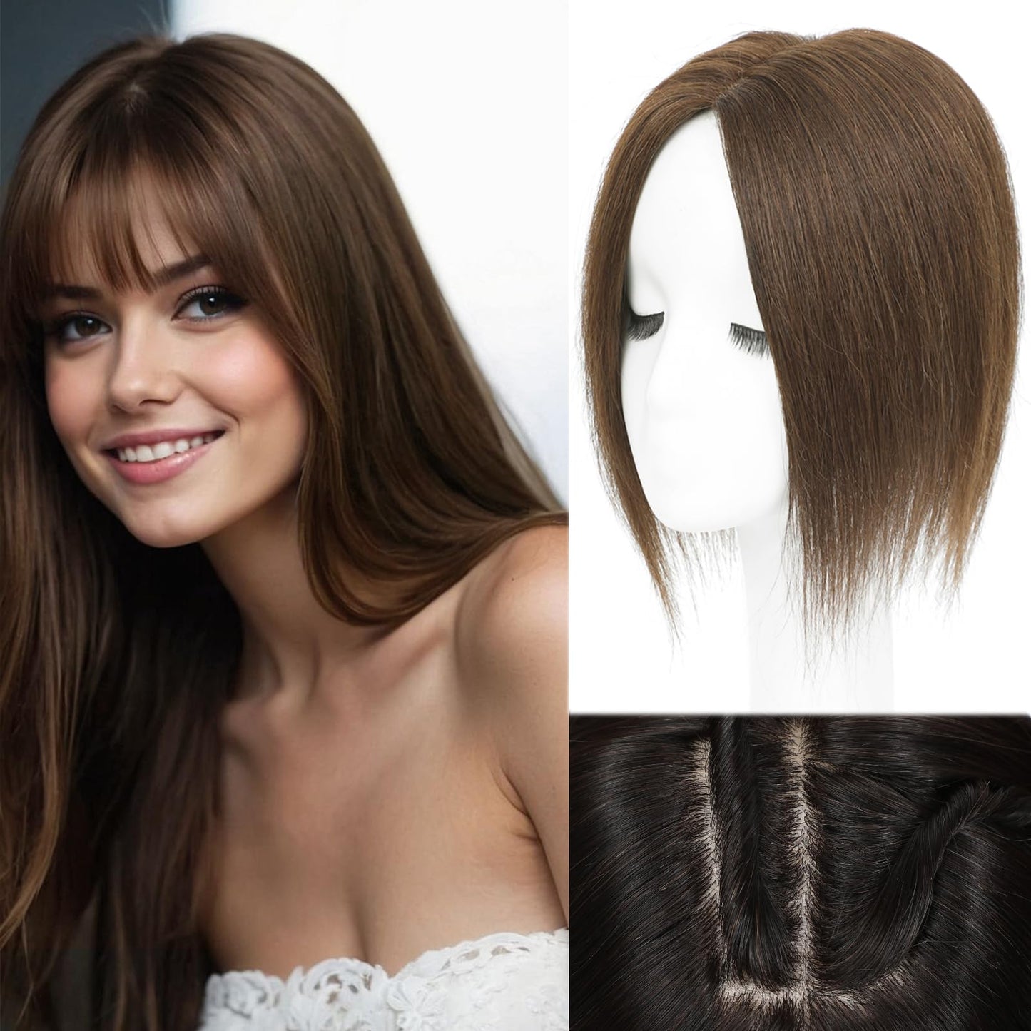 Rootoo Hair Toppers for Women Real Human Hair, 14 Inch Realistic Biological Scalp Topper Hair Pieces for Women with Thinning Hair, Clip in Curtain Bangs Big Base 360° Cover (Medium Brown, 12 Inch)