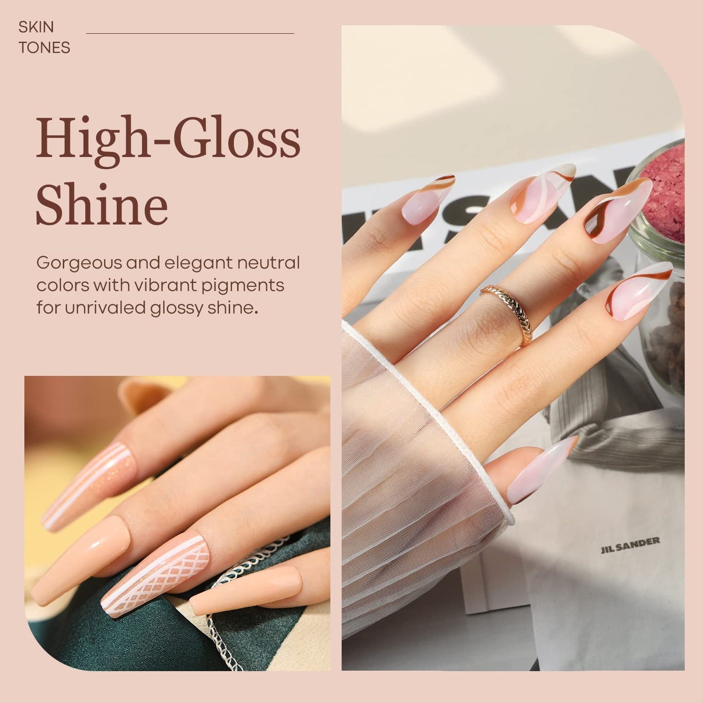 Gel Nail Polish Kit - 6 Colors for Skin Tones | Nude Pink, Milky White & Neutral Brown Soak Off Set