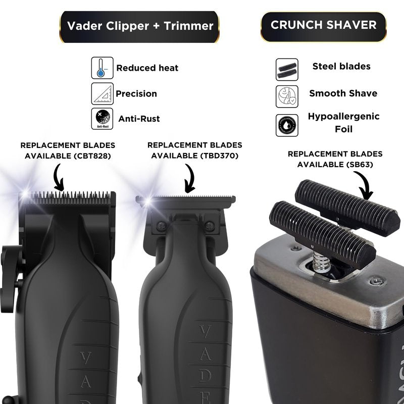 Supreme Trimmer 3-in-1 Barber Kit | Vader Clipper, Vader Trimmer & Crunch Foil Shaver | Men's Professional Beard Trimmer, Brushless Motor Clippers & Waterproof IPX6 Shaver | Black