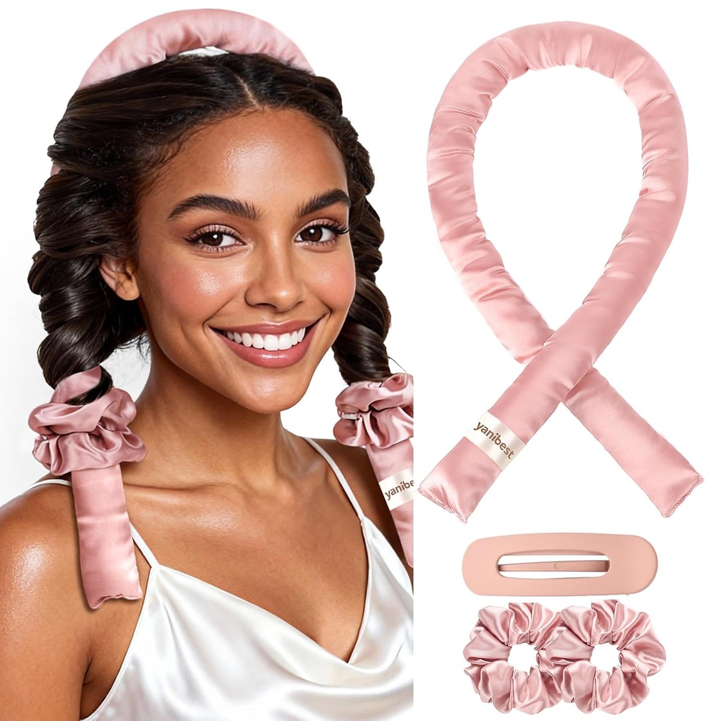Super Soft Satin Heatless Curler Set - Overnight No Heat Curling Rods with Satin Scrunchies & Clip
