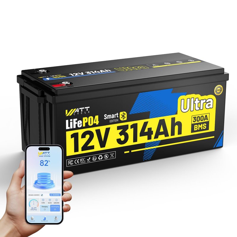 WattCycle 12V 314Ah LiFePO4 Battery, Lithium Battery 12V 300A BMS, IP65 Marine Batteries, Lithium RV Batteries Built-in Bluetooth, Perfect for RV, Marine, Solar, Off-Grid, Home Energy Storage