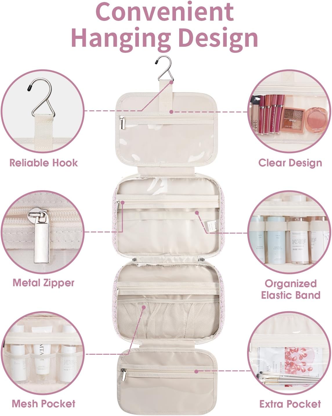 Narwey Hanging Toiletry Bag - Travel Makeup Organizer for Women | Medium Pink Flower Design