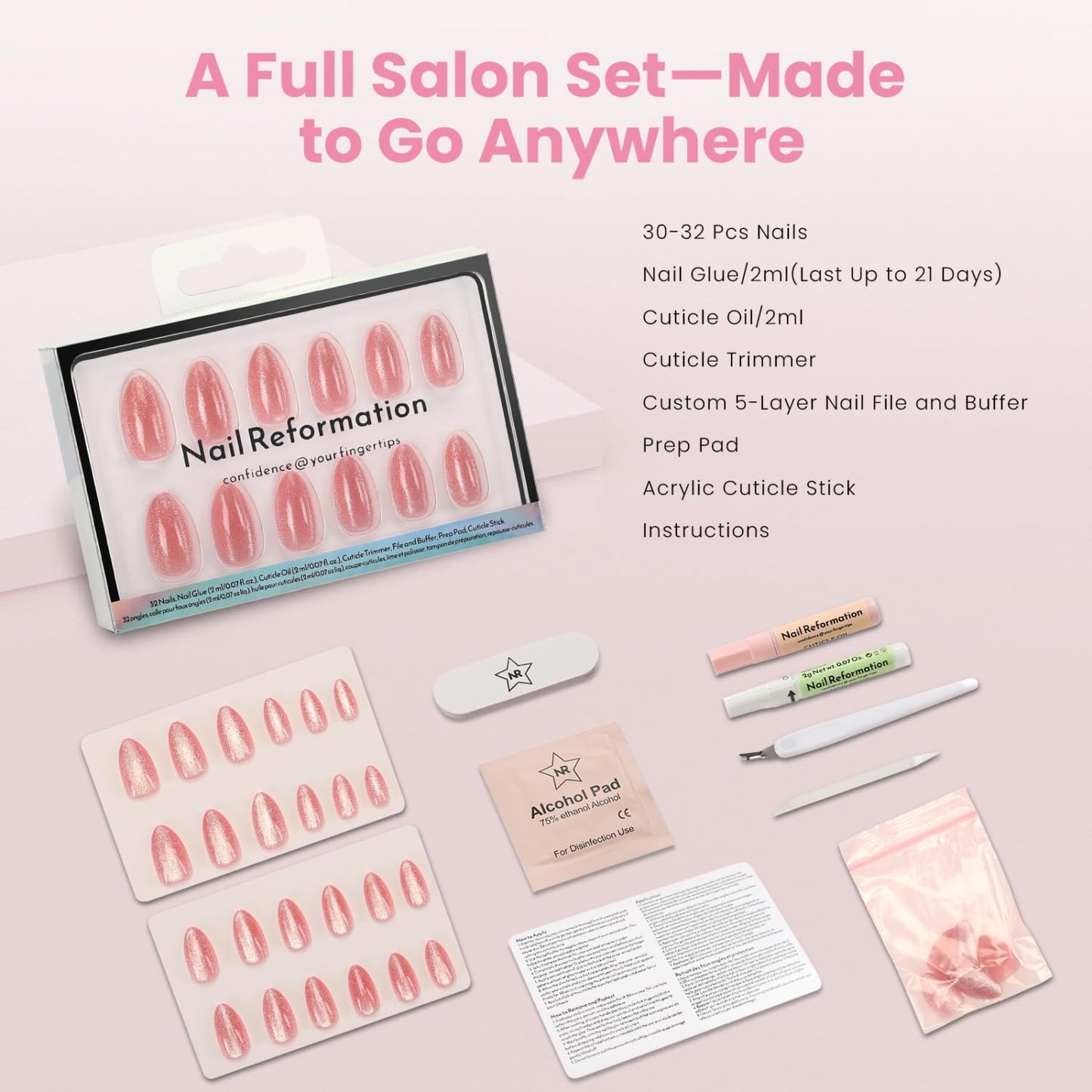 Press On Nails - Pink Quartz Cat Eye Velvet Short Almond | 32 Pcs in 16 Sizes, Reusable Stick-On Nail Kit for Salon Quality Manicures