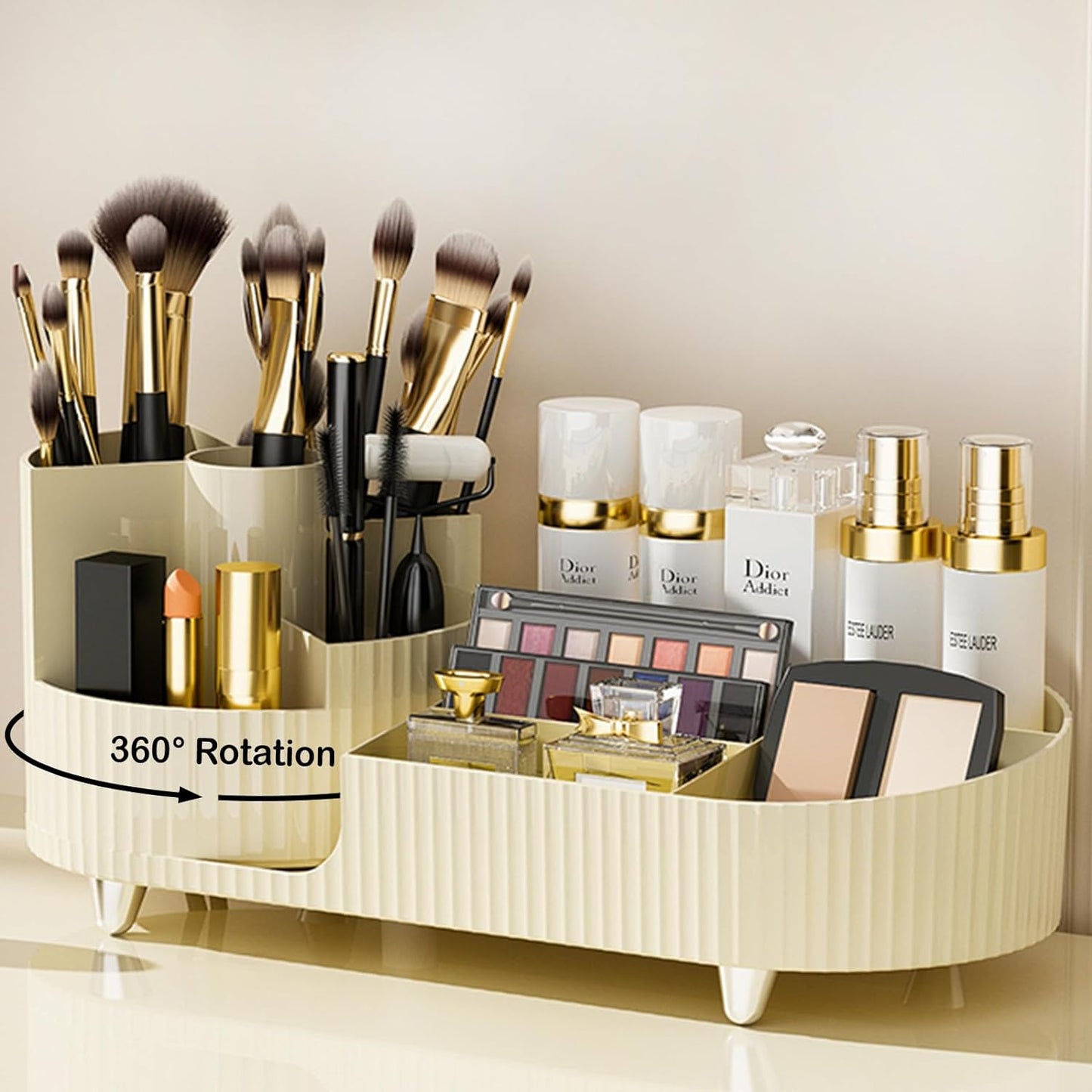 Rotating Makeup Organizer - Large Spinning Vanity Storage with Brush Holder | Black Cosmetic Display Case