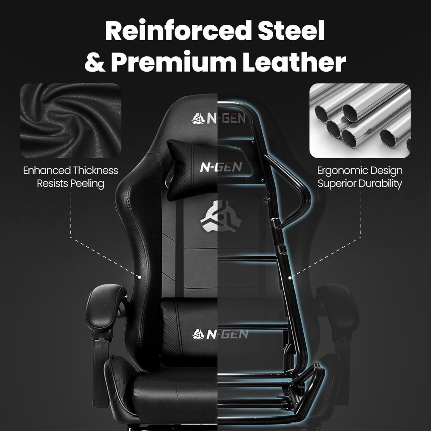 N-GEN Gaming Chair - Ergonomic Video Gaming Chair with Footrest & Lumbar Support | Adjustable High Back in Carbon Black