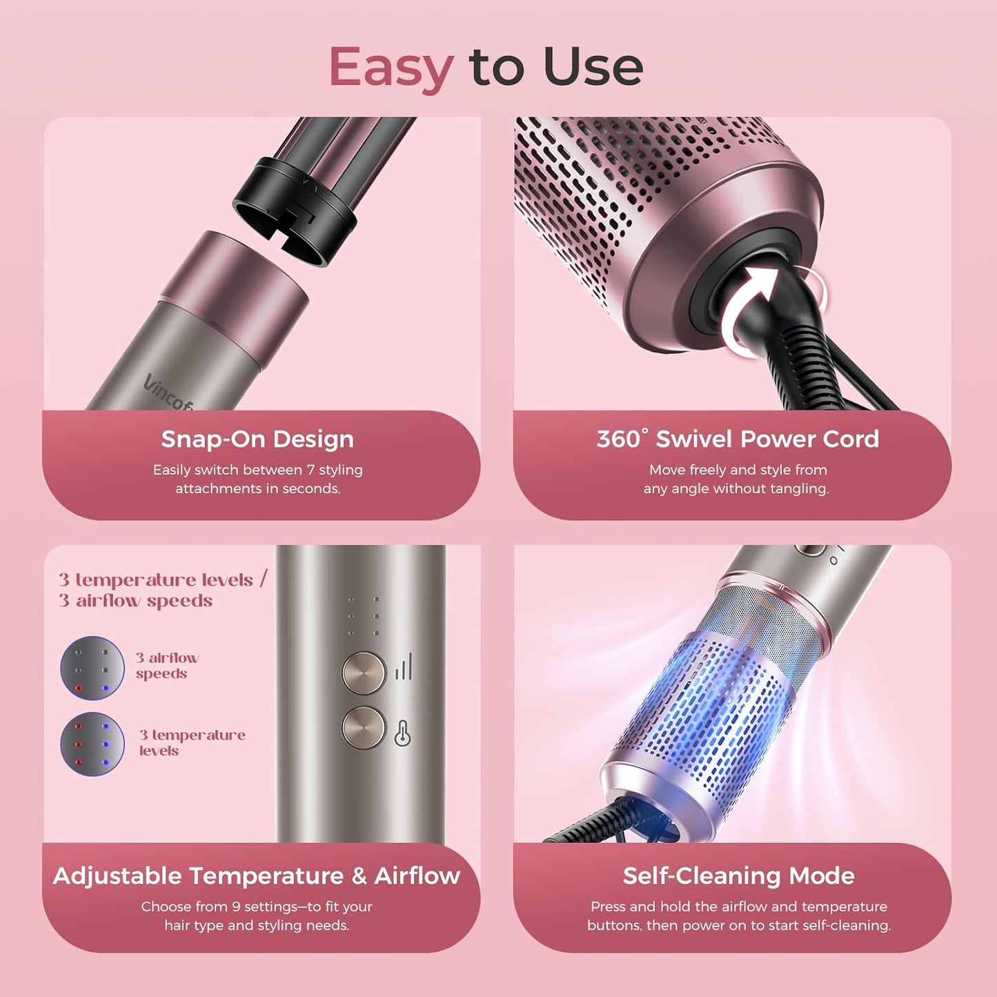 Vincofy 7-in-1 Hair Dryer Brush - Fast Drying, Curling & Volumizing | 1500W Motor, Pink
