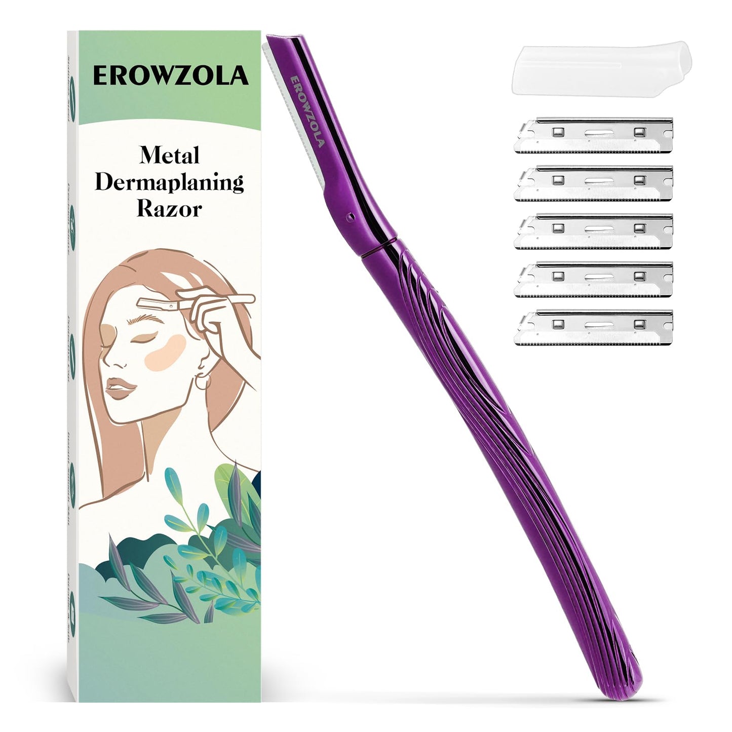 EROWZOLA Eyebrow Razor, Face Razors for Women and Men, Reusable Metal Handle with 6 Refill Blades, Eyebrow Trimmer with Precision Cover, Dermaplane Razor, Skin Care Tool, Purple