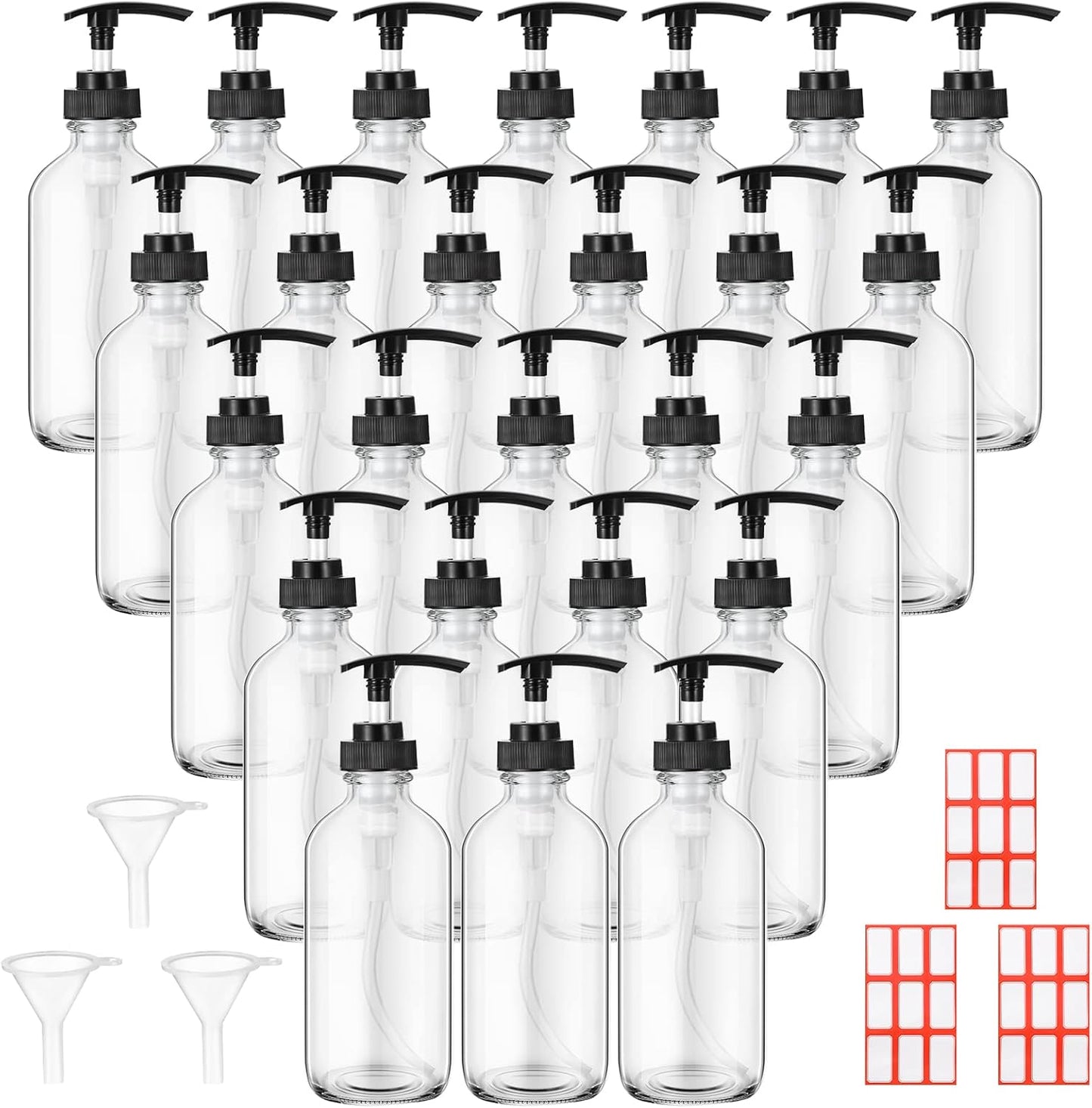 Glass Pump Bottle Set - 24 Pcs 8 oz Refillable Soap Dispenser with Labels & Funnels | Amber
