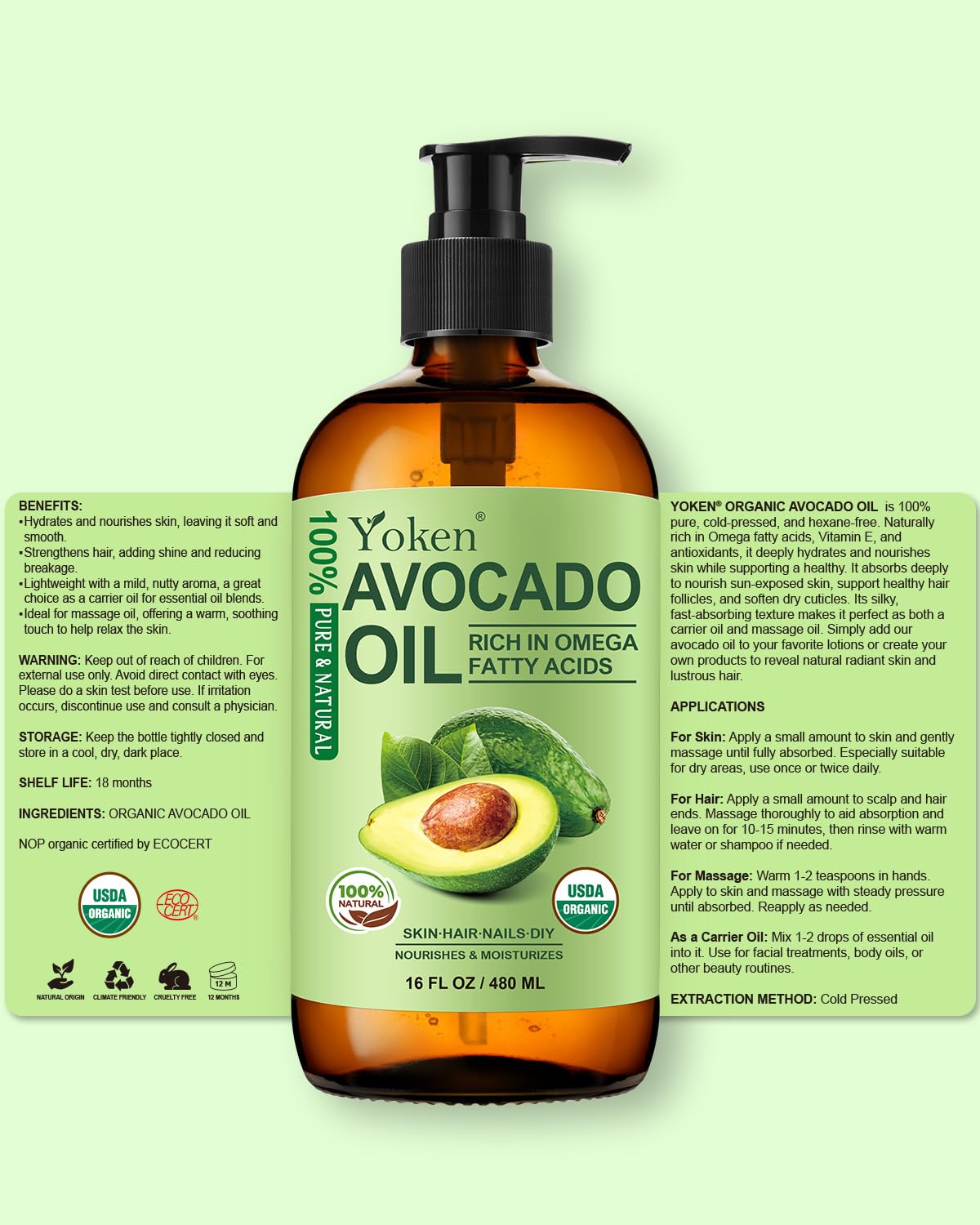 USDA Organic Avocado Oil Cold Pressed 16oz Glass Bottle - Moisturizing Unscented Body oil for Dry Scalp, Hair & Skin Hydrating,Non Greasy Carrier oils for Essential Oils Mixing,, aceite para cabello