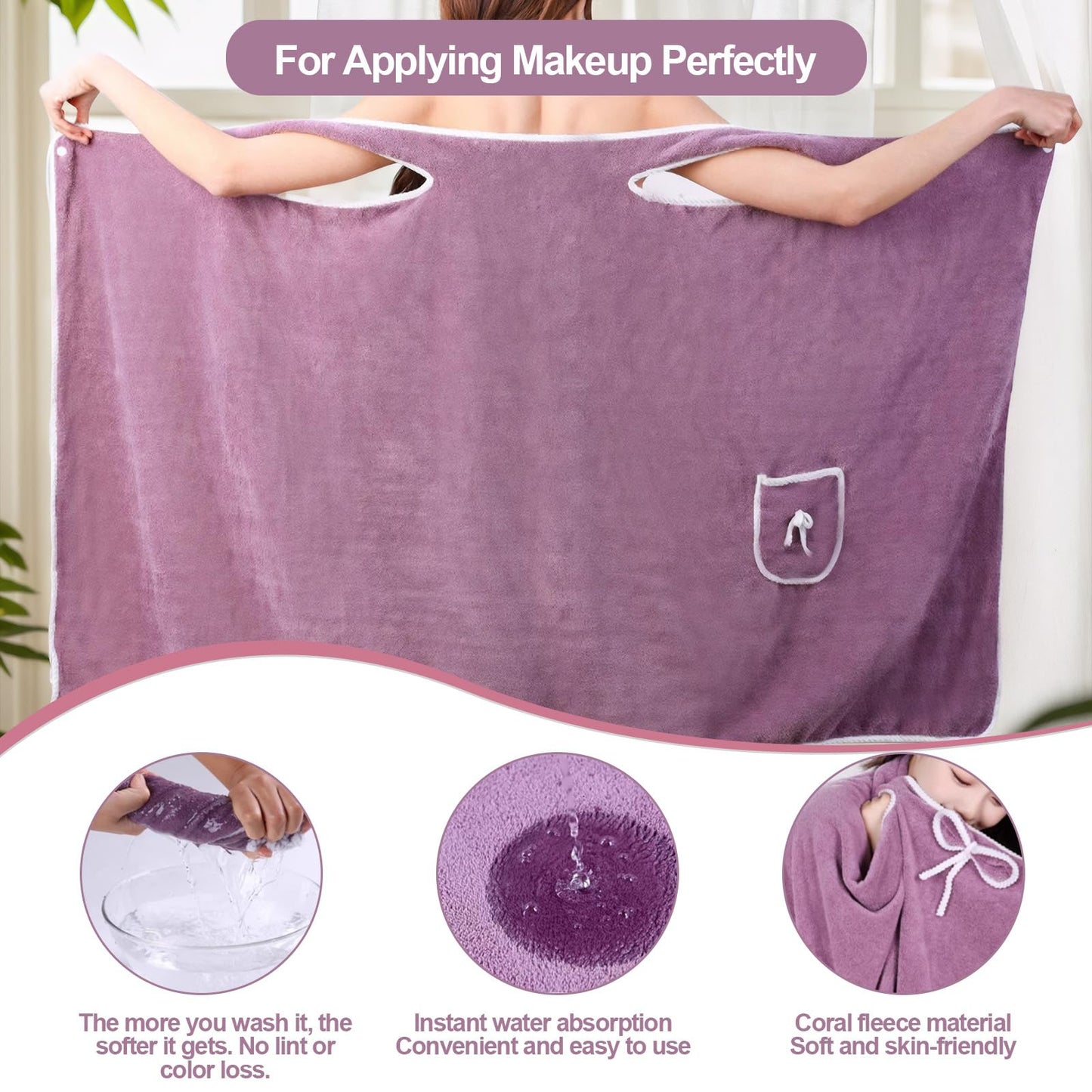 Unisex Bath Towel, Wearable After Bath Towel Set, Wearable Quick Dry Shower Gym Towel(53" x 31", Purple)