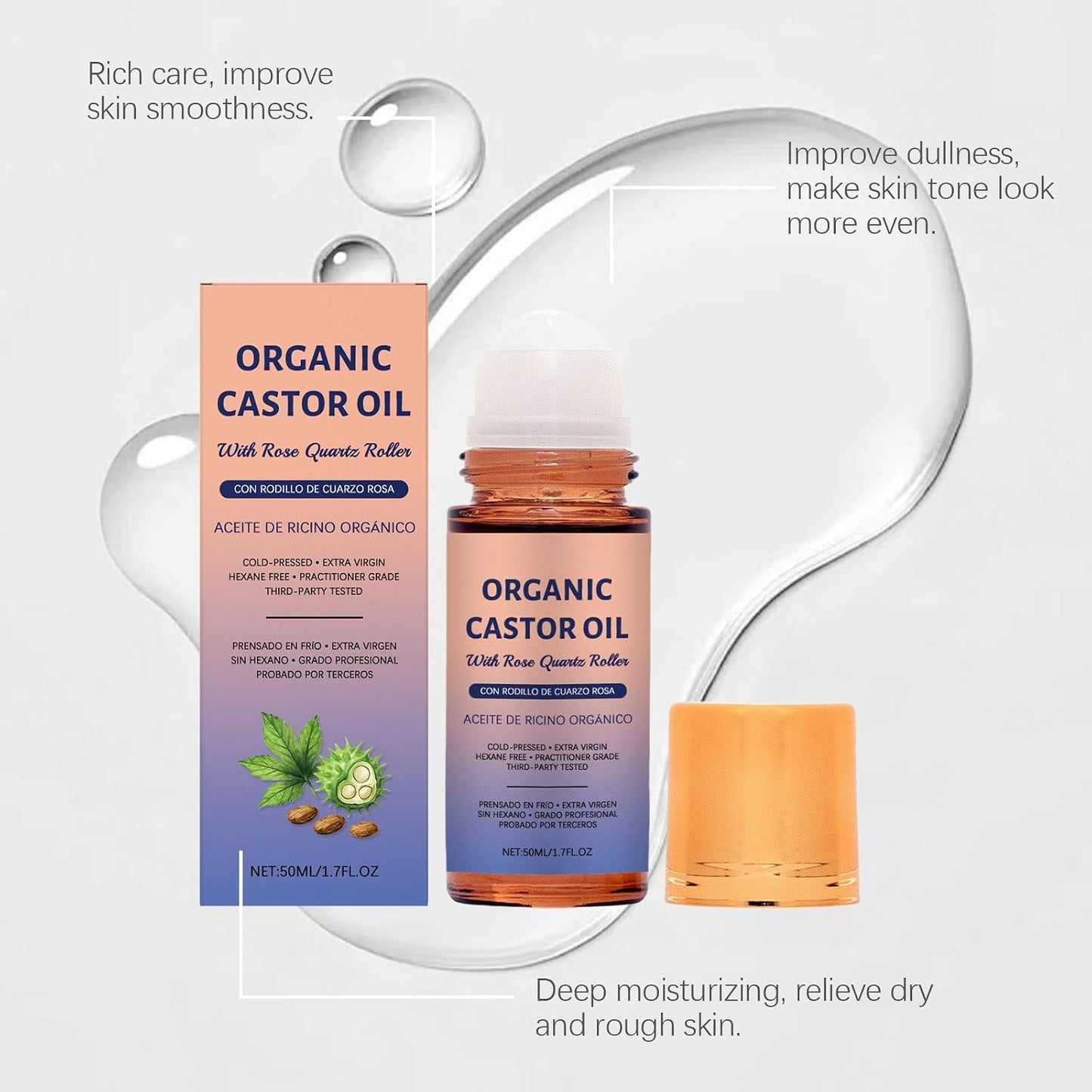 Organic Castor Oil Roll-On - 100% Cold Pressed Moisturizing Oil with Rose Roller | Travel-Friendly Leakproof Bottle (1 Pc)