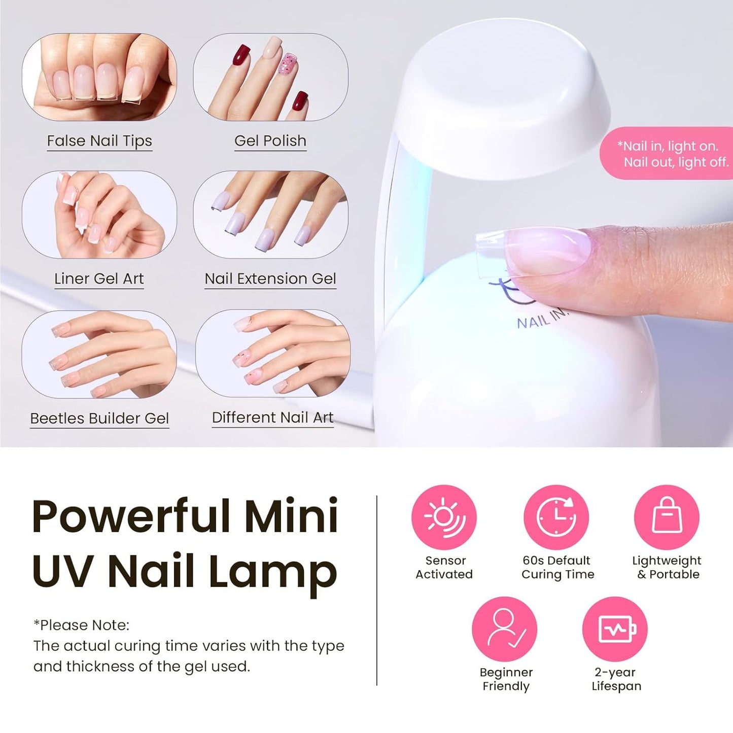 Beetles Tipex Gel Nail Kit - 224 Pcs Extra Short Square Nail Tips with Mini Lamp & Glue | 16 Sizes