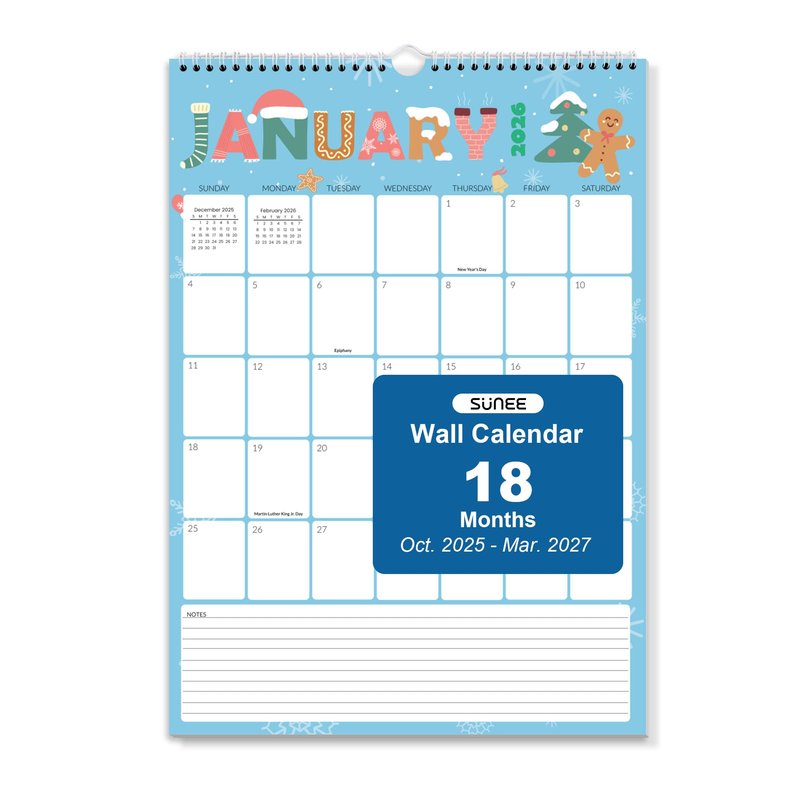 SUNEE Calendar 2026 18 Months Wall Calendar Oct. 2025 - Mar. 2027, 12"x17" Big Hanging Calendar 2026 with Note, Past Month and Next Month for Organizing & Planning, Cute