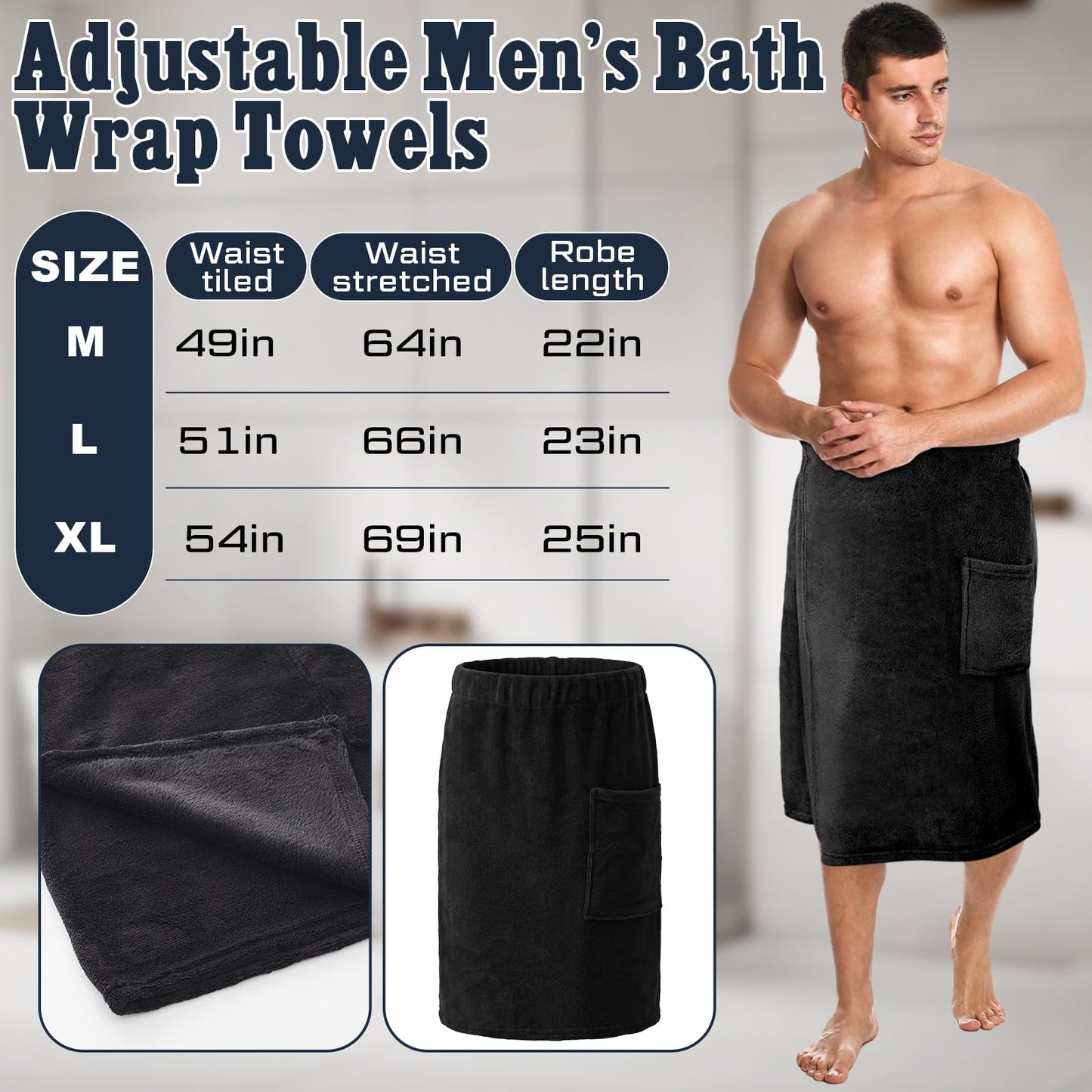 Tudomro 1 Pcs Men's Bath Wrap Towel X-Large Shower Adjustable Terry Body Spa Towel with Pocket After Shower Wrap for Men Gift Spa College Bath Dorm Room Gym (Black)