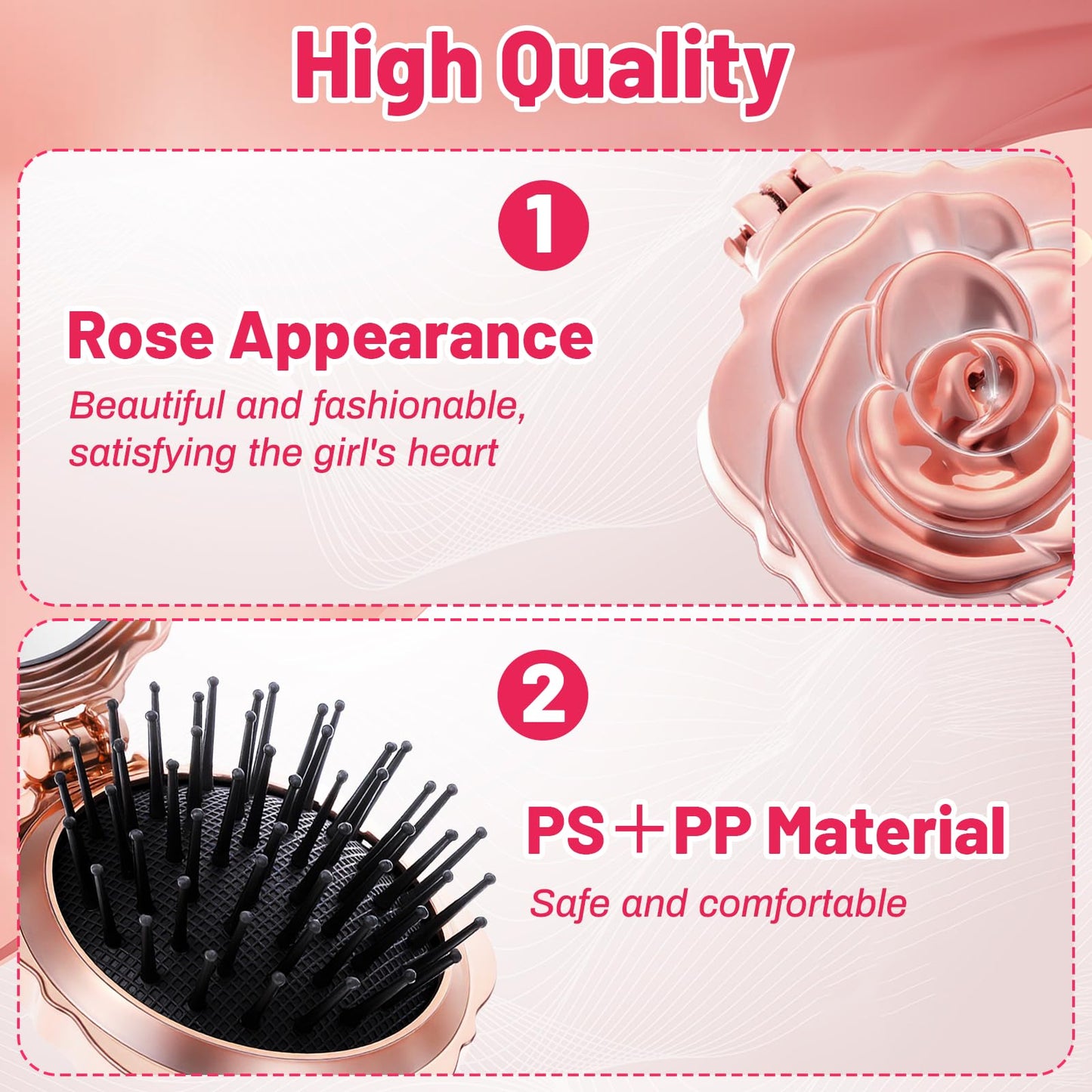 Matwsec 2 Pcs Folding Hair Brush for Women, Rose Gold Small Hair Brush for Purse, Compact Mini Hairbrush with Mirror, Portable Pocket Travel HairBrush for Women Girls Stocking stuffers