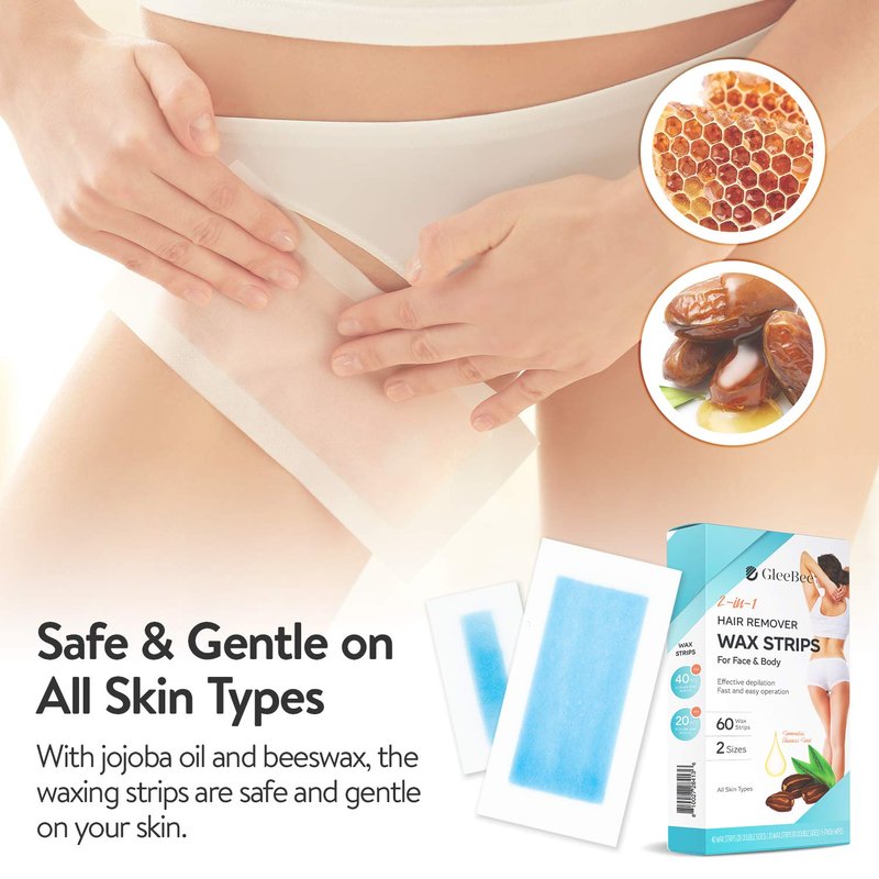 Gleebee Wax Strips 60 counts, Waxing Strips, for Hair Removal, kit including 40 Body trips and 20 Facial Removal Face, Arms, Legs, Underarms, Bikini, Bikini Women, Piece Assortment, 1