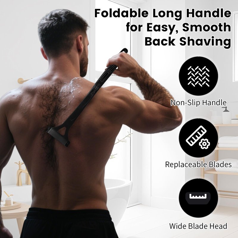Back Shaver for Men with 8 Replacement Blades, Foldable Long Handle Body Hair Remover, Manual Back Razor Groomer for Men, Wet or Dry Shaving Body Trimmer for Smooth Hair Removal (Black)