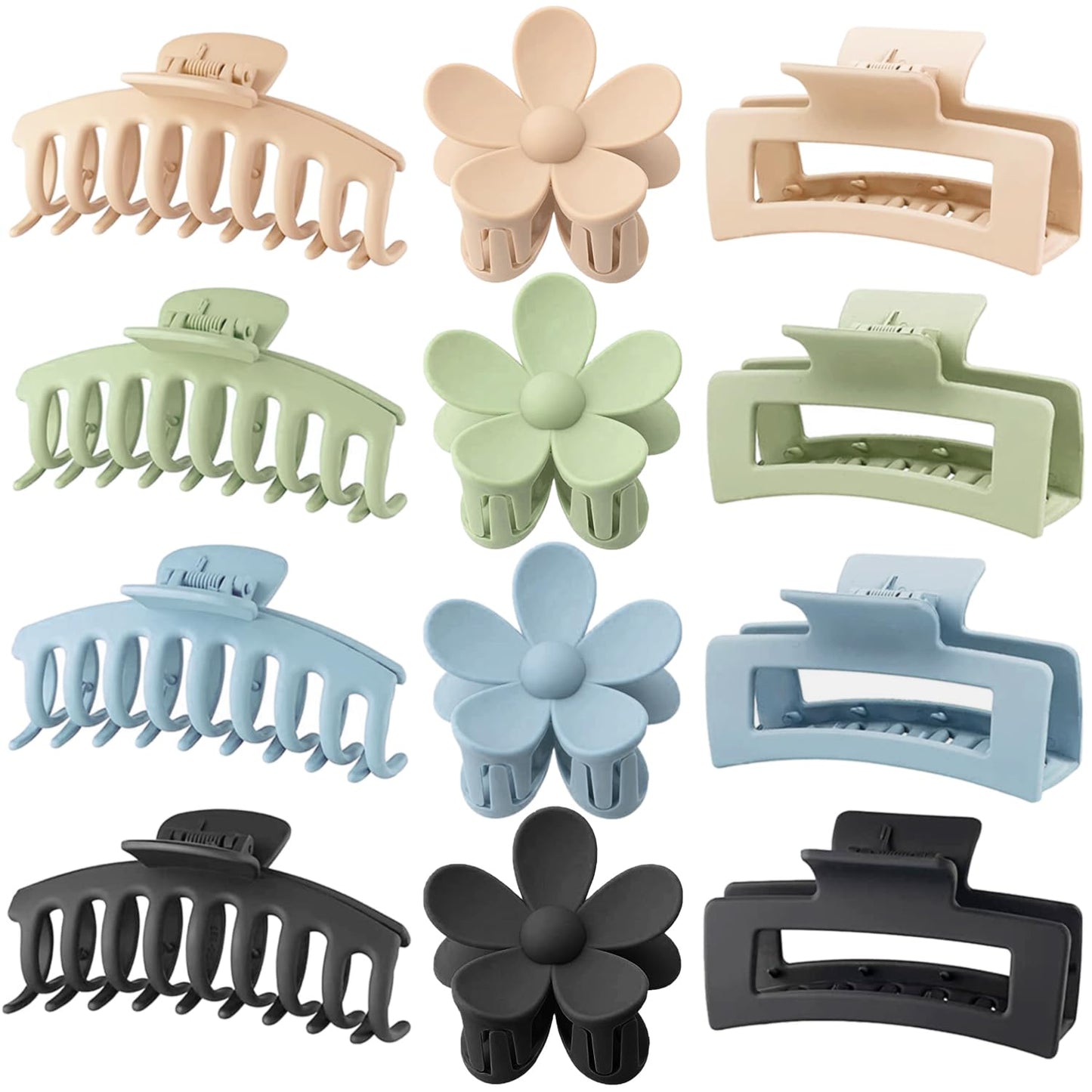Large Hair Claw Clips - 12 Pack Flower & Square Clips for Thick Hair | Strong Hold & Matte Finish