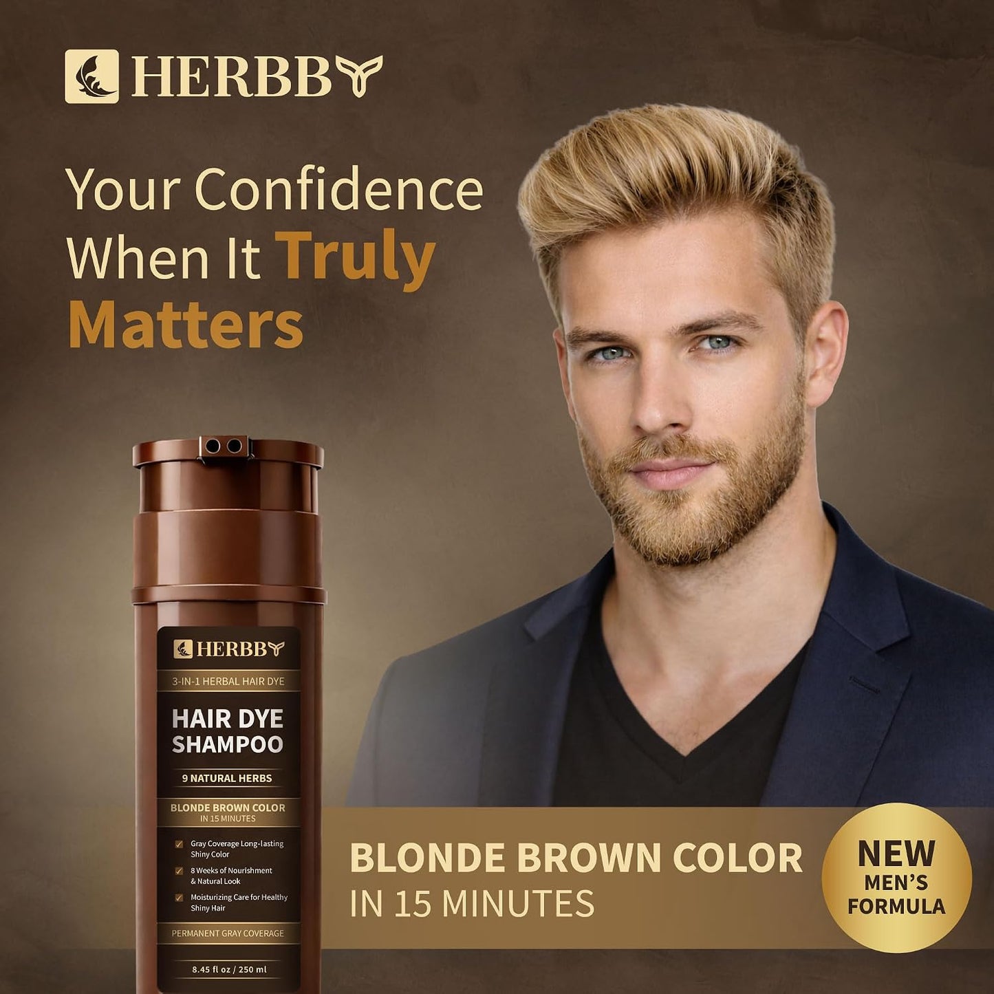 HERBBY Hair Color Shampoo for Gray Coverage | 9 Herbal Extracts for Shiny, Even Color - 250 ml (Blonde Brown)