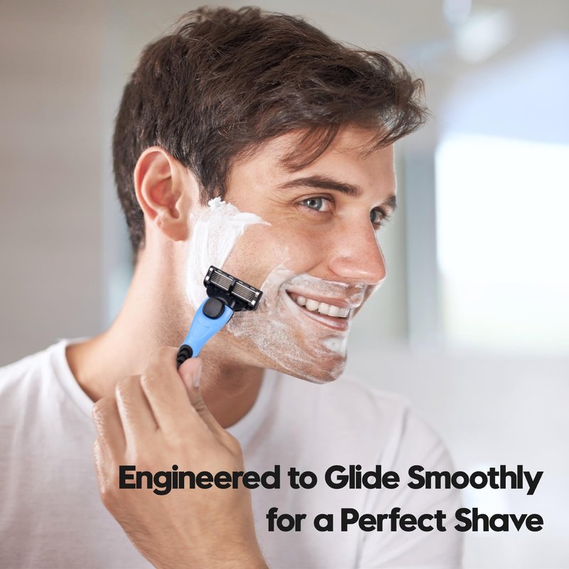 Phafaloop 6-Blade Men's Razor with Dual Lubrication, Shaving Kit for Men, 10 Piece Set, 1 Handle & 9 Refill Cartridges, Smooth Comfortable Shave (Blue)