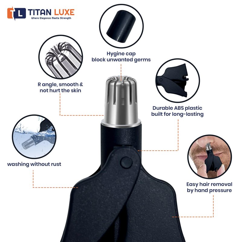 Titan Luxe Stainless Steel Hair Trimmer for Men and Women | Manual Nose and Ear Hair Trimmer | Nose Clippers, 360° Rotating Hair Trimmers | Washable Nose Hair Remover | Black